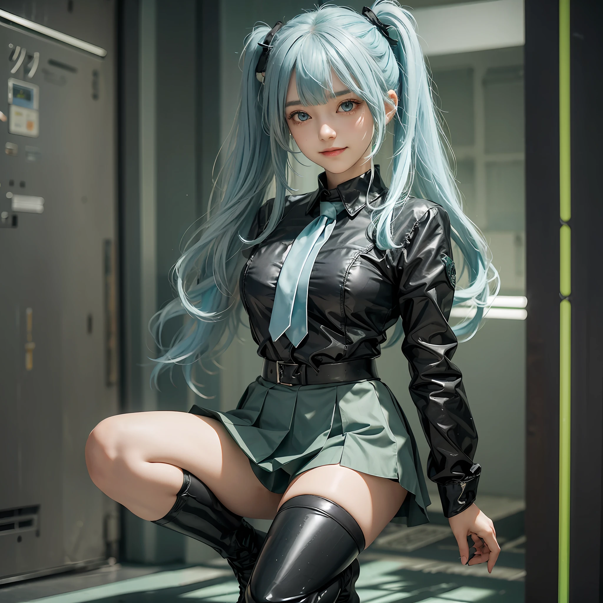 young girl, short skirt, light blue hair, bangs, twintails, long hair, green eyes, surprise, black skirt, dark grey blouse, green tie, dilated pupils, latex boots, cinematic lighting, smile, closed mouth, green details on clothing --auto --s2