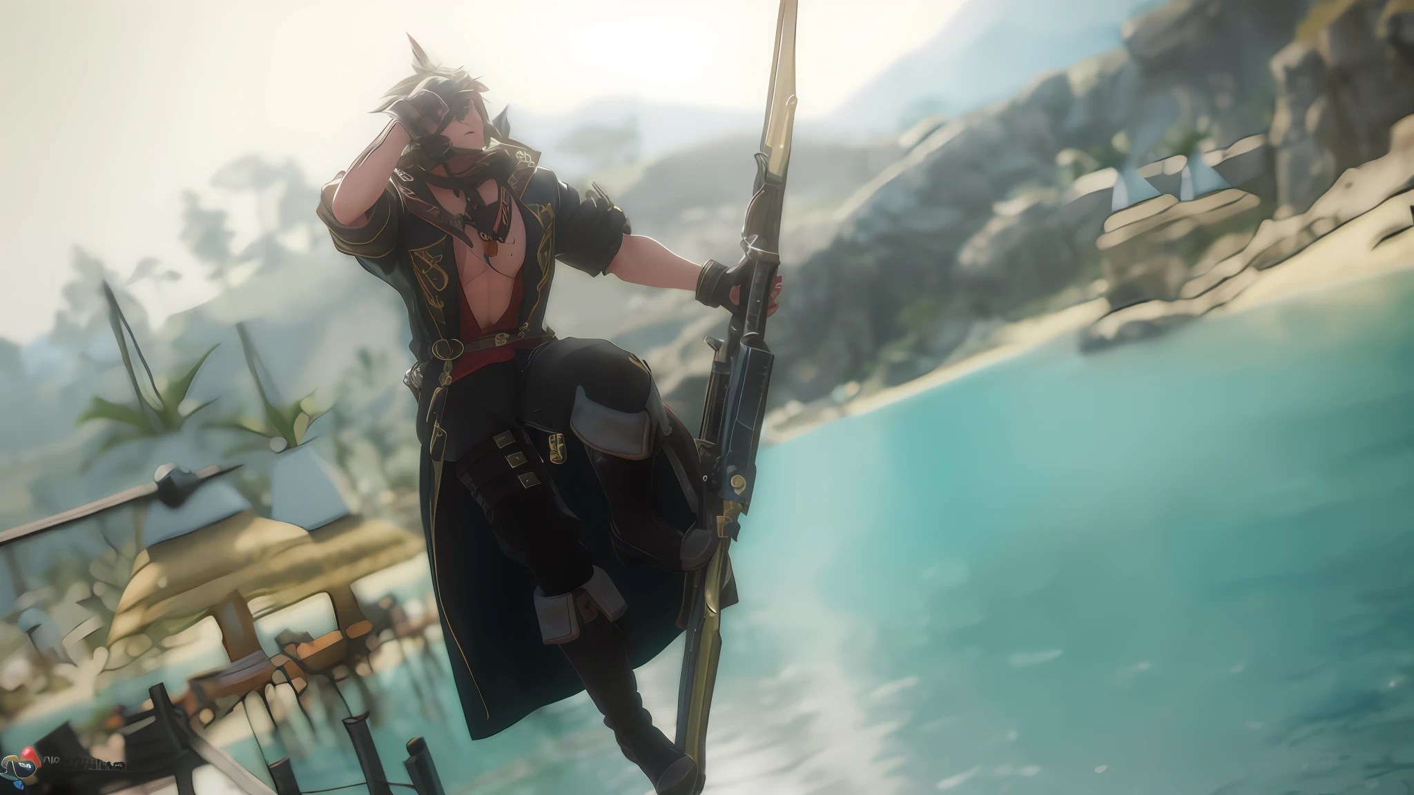 there is a man that is standing on a rope with a gun, final fantasy 1 4 screenshot, final fantasy 14 style, thancred waters in style of wlop, final fantasy 14 sharp, tranding on pxiv, wielding a bow, fantasy style 8 k octane render, final fantasy 1 4, from ncsoft, posing for a fight intricate
