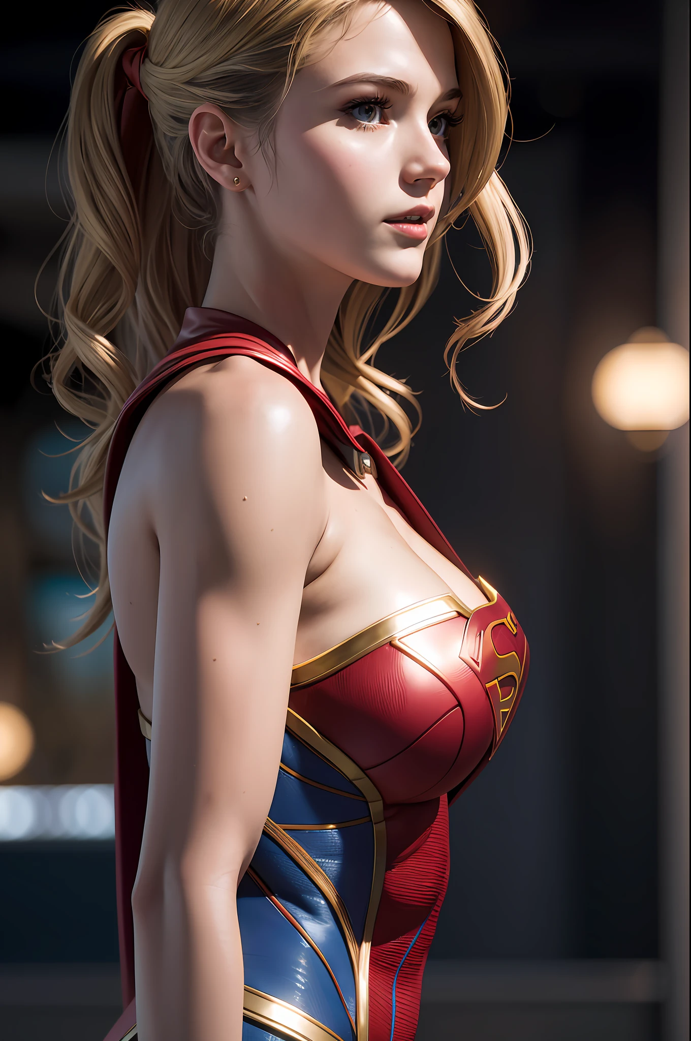 side view ,masterpiece,1girl, a woman, supergirl, cleavage, high detailed skin texture, 8k, Bright lighting, face lighting,  (extremely detailed CG unity 8k wallpaper), trending on ArtStation, trending on CGSociety, High Detail, Sharp focus, dramatic, beautiful background, full shoot, high quality, (beautiful face), (detailed face), beautiful hands