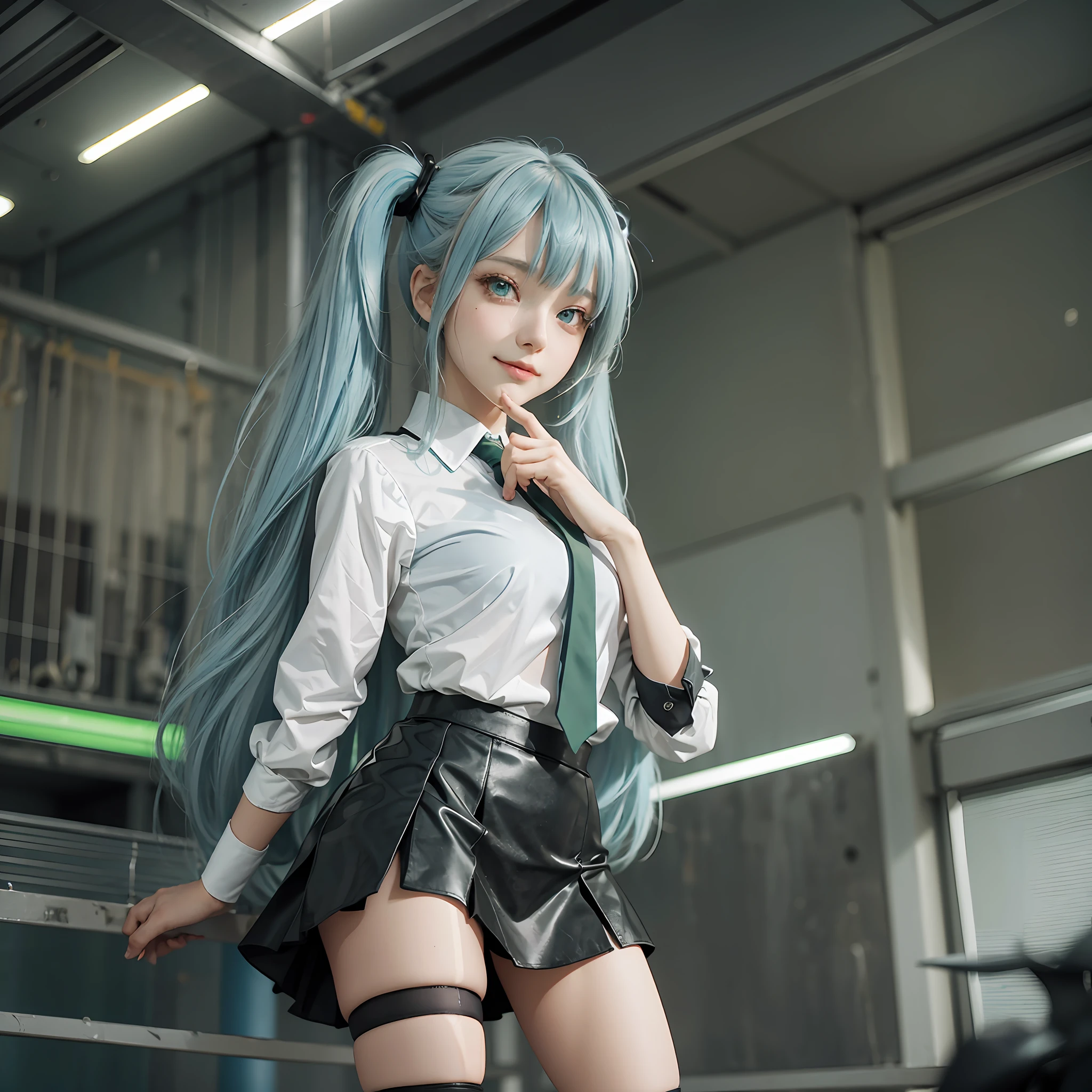 young girl, short skirt, light blue hair, bangs, twintails, long hair, green eyes, surprise, black skirt, dark grey blouse, green tie, dilated pupils, latex boots, cinematic lighting, smile, closed mouth, green details on clothing --auto --s2
