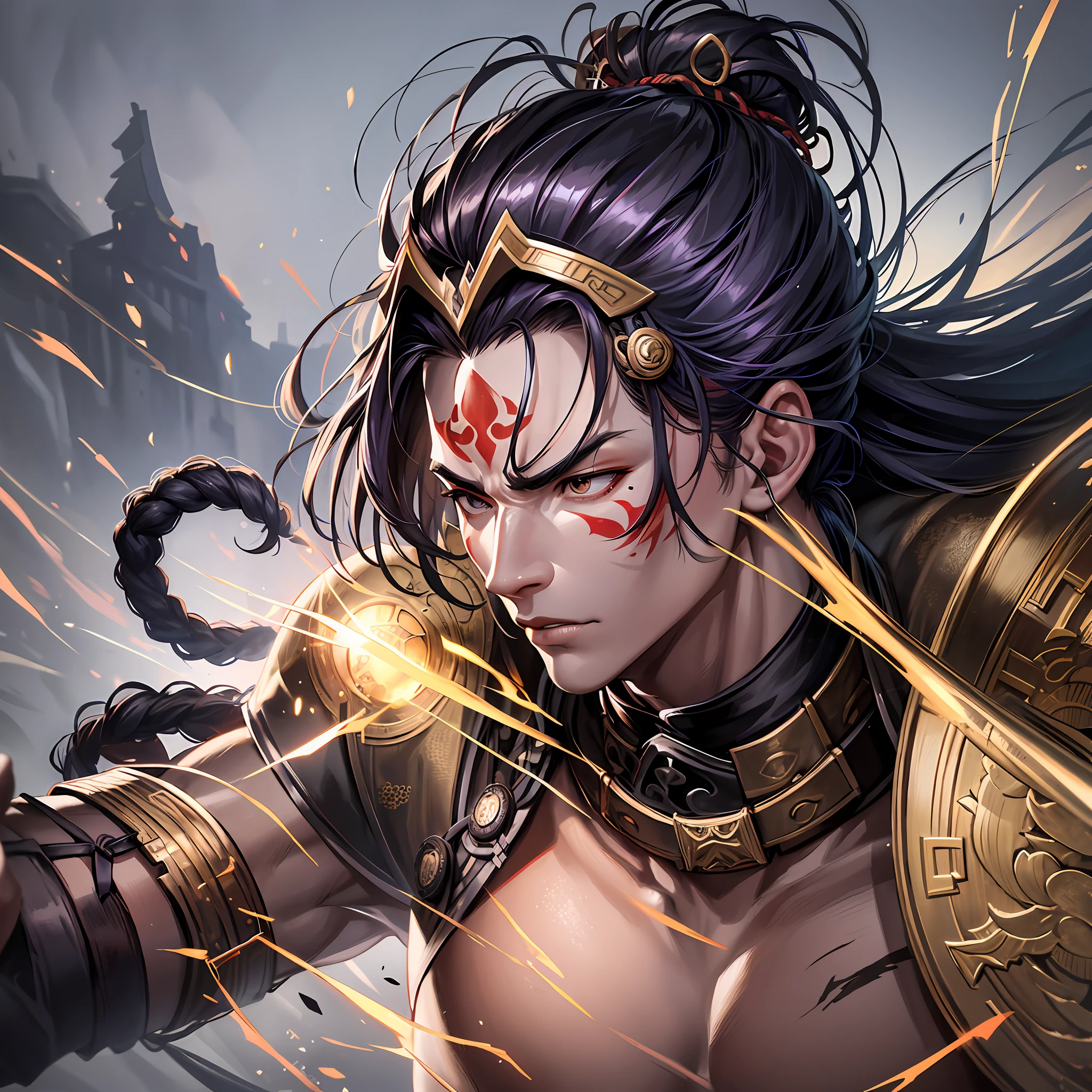 7ft tall, warrior, mixture of samurai armor, mixture of Mongolian armor, mixture of Chinese armor, heavily face scarred, scars, toned muscles, toned body, male, man, badass pose, warrior pose, combat pose, fighting stance, multiple weapons, guan Dao, katanas, bow and arrow, quiver, facial scars, bodily scars, scars from battle, Asian descent, elder scrolls, akavir, soldier, armed, tied up hair, manbun, black hair, young looking, (Masterpiece, Best Quality, Highres:1.4), Detailed, Intricate Details, 4K, color splashes, line art, art, Fibonacci, portrait, elaborate background, head portrait, detailed eyes, detailed face, detailed head, Looks like Jin Sakai, Ghost of Tsushima,
