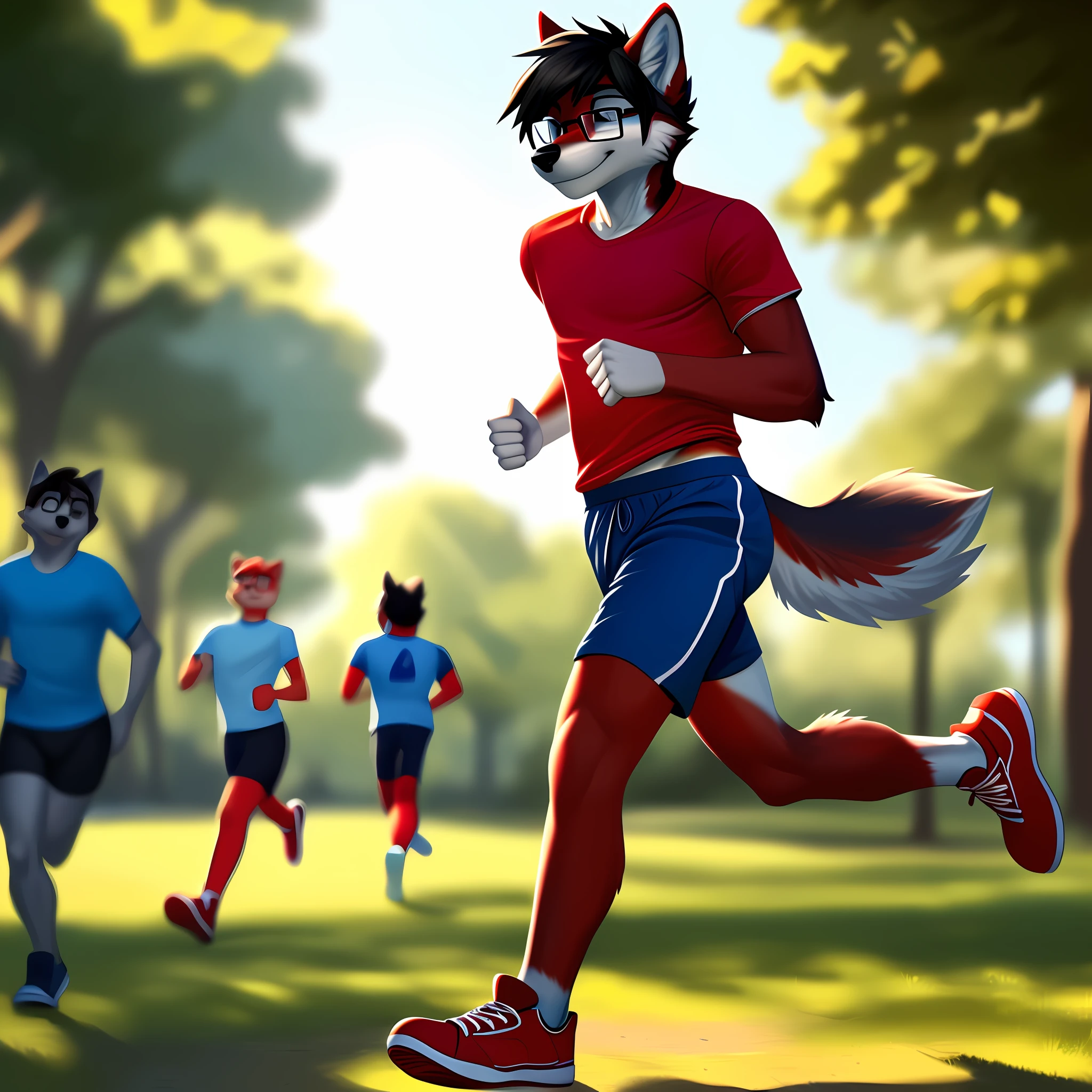 masterpiece, anthro, wolf with red fur, male, blue T-shirt and tight blue running shorts, red shoes, glasses, black hair, solo, no group, no double, full body, smiling, great lighting, soft light, no logo mark, running in the park, focus on character, framed, no extra limbs