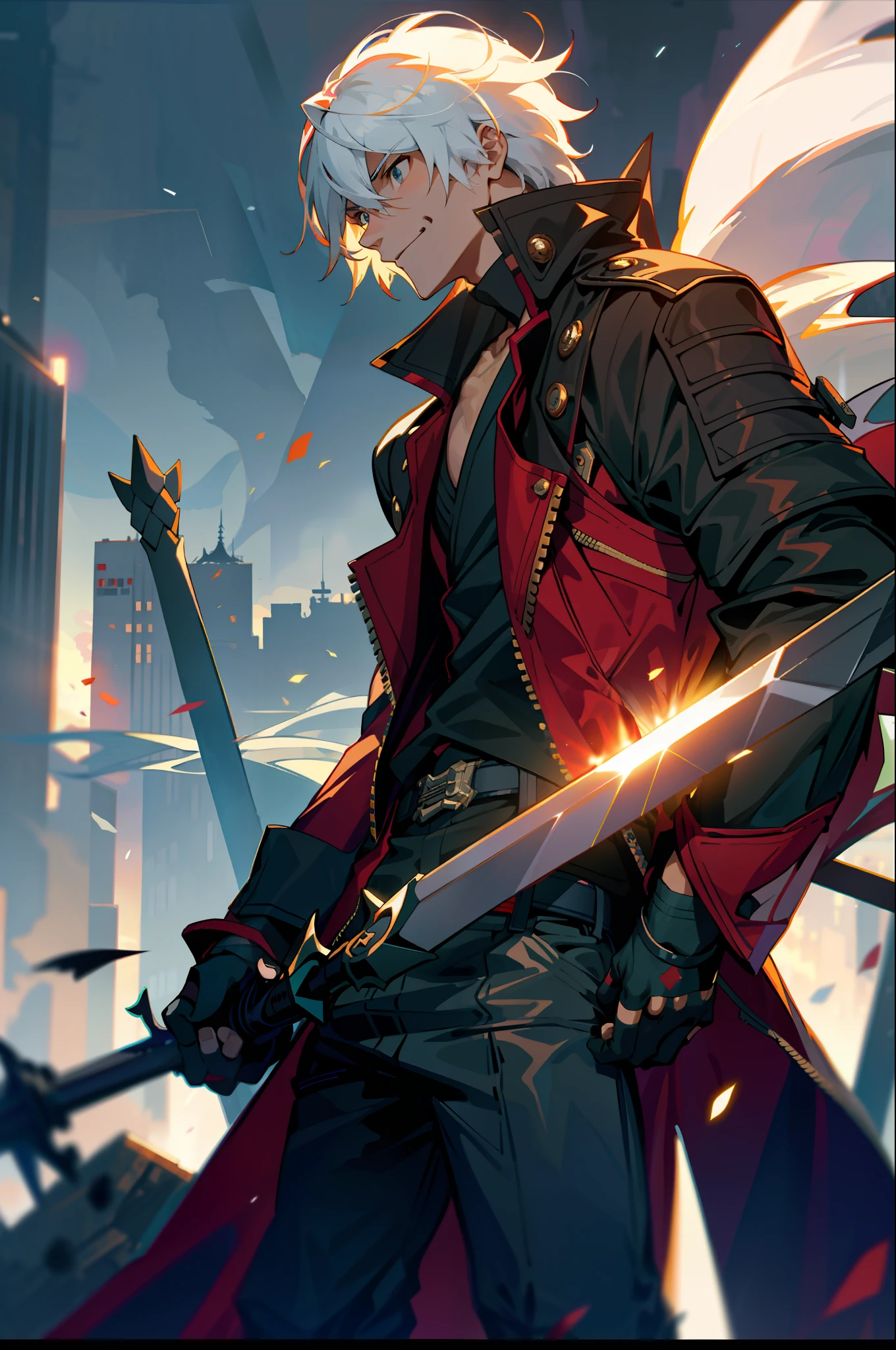 masterpiece, best quality, 1boy, dante, white hair, open clothes, coat, fingerless gloves, belt, city, detailed eyes, destroyed buildings, destruction, (night:1.4), smiling, natural light,war, angry eyes, looking ahead, male focus, muscles, movie composition, deth of field, bokeh (demons on the background:1.2) , (sword:1.2), fighting pose, explosions, upper,