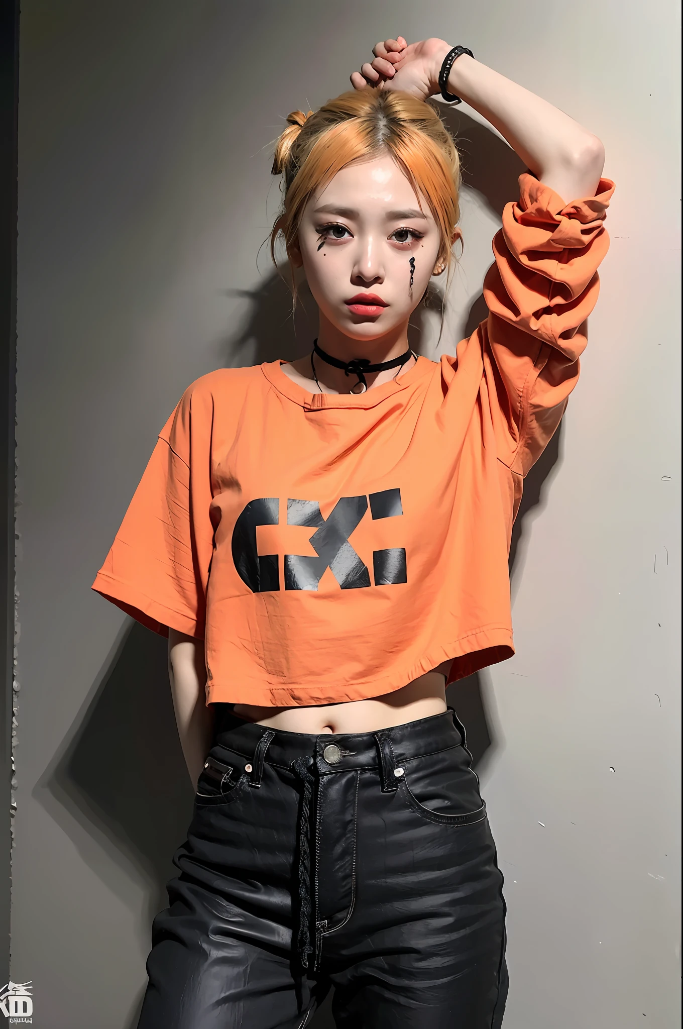 (8k:1.27), best quality, masterpiece, ultra highres:1.2), arrested lesbian goth delinquent girl with arm tattoos, tattooed girl, full body picture, orange oversized knotted prisoner t-shirt with black letters, short big sleeves, orange inmate prison uniform, dyed green hair, dyed blonde hair, short bob hairstyle, messy bun, hair bangs, in a prison cell, handcuffed, hands tied with rope, submissive neck choker, 4k or 8k picture, looking sad, paisley bandana ribbon hairband, nose septum piercing, wearing dirty old clothes