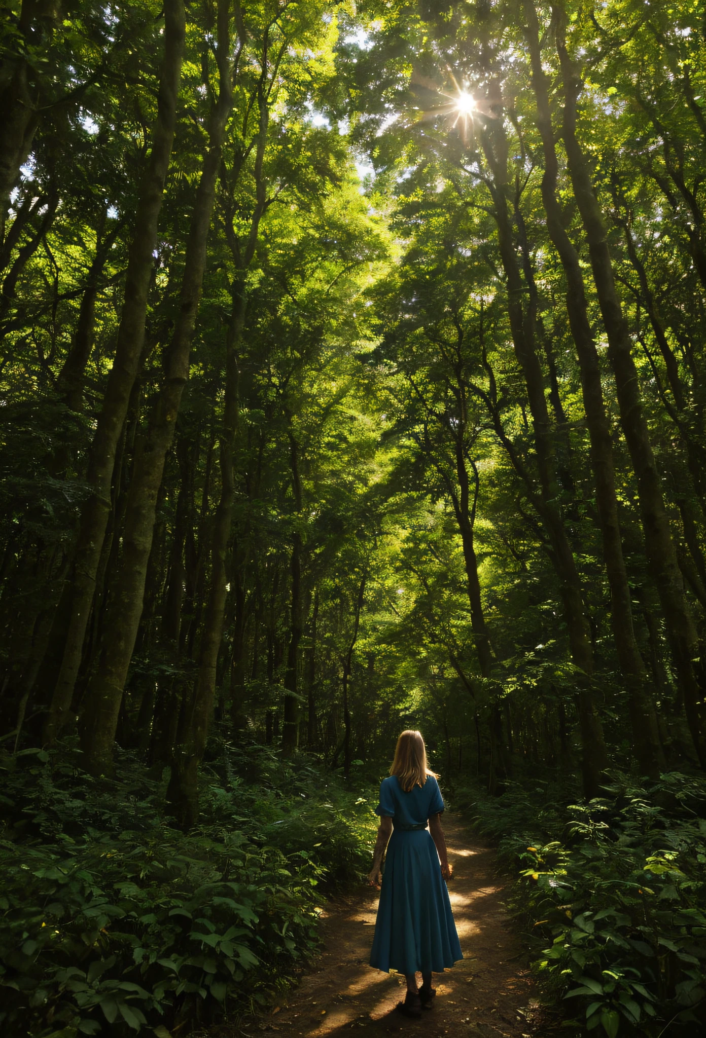 taken with the camera of the iphone BREAK selfie medium shot of a , high quality, A magical and lush forest where the blue fairy finds her home. The majestic trees, the soft light filtering through the leaves and the friendly animals add a dazzling beauty and serenity to the scene.
