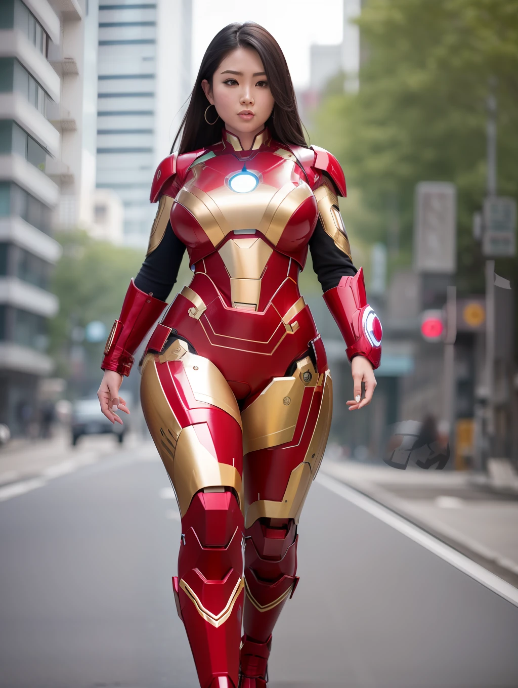 Ultra realistic 8k full_body curvy Asian woman wearing the iron man's armor front with large breasts and large thighs with the ark reactor between the breasts with opening to the large breasts walking down the street