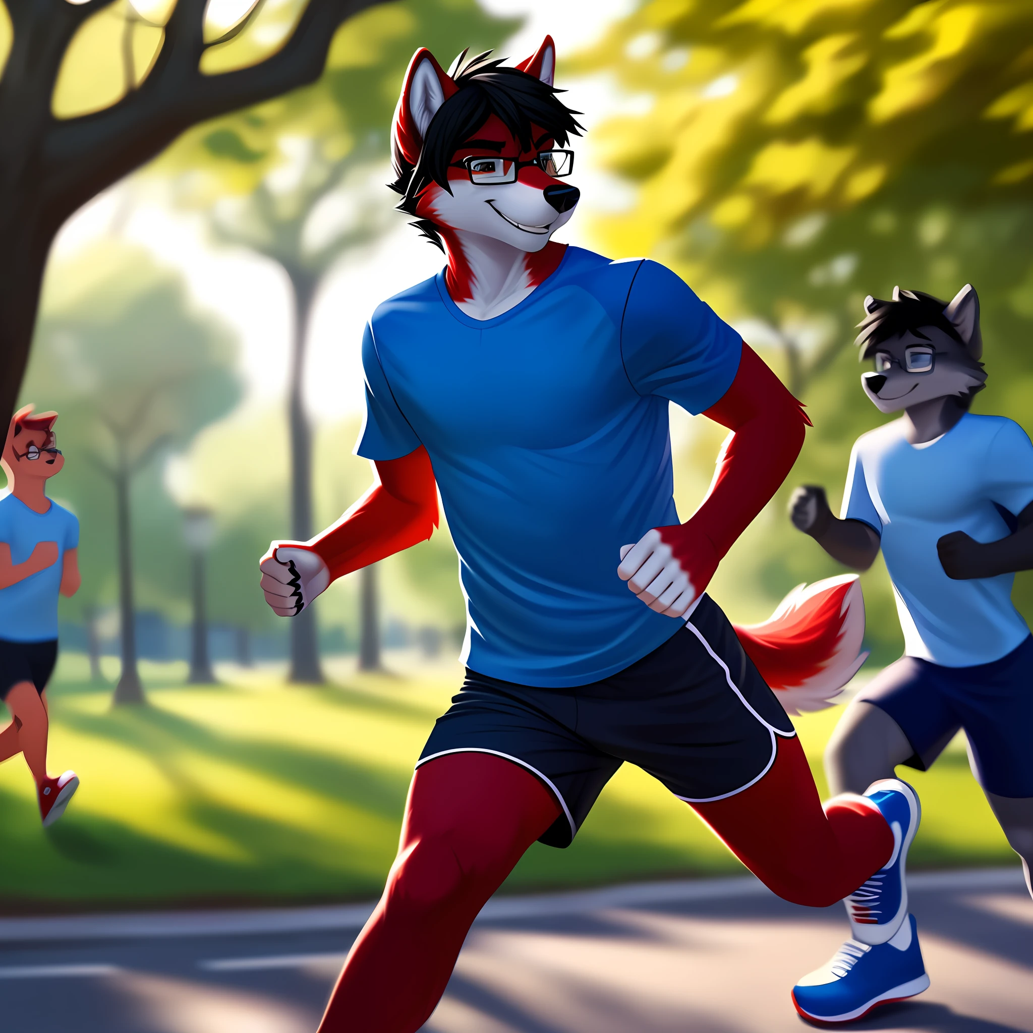 masterpiece, anthro, wolf with red fur, male, blue T-shirt and tight blue running shorts, red shoes, glasses, black hair, solo, no group, no double, full body, smiling, great lighting, soft light, no logo mark, running in the park, focus on character, framed, no extra limbs