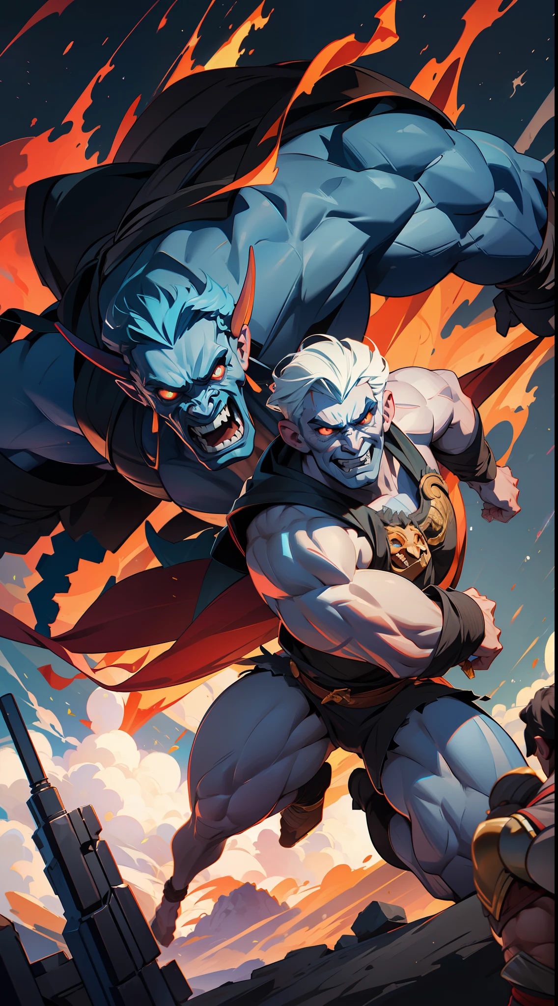 god Hades raging, very muscular body, super strong, ready for combat, in the background the Mount Olympus