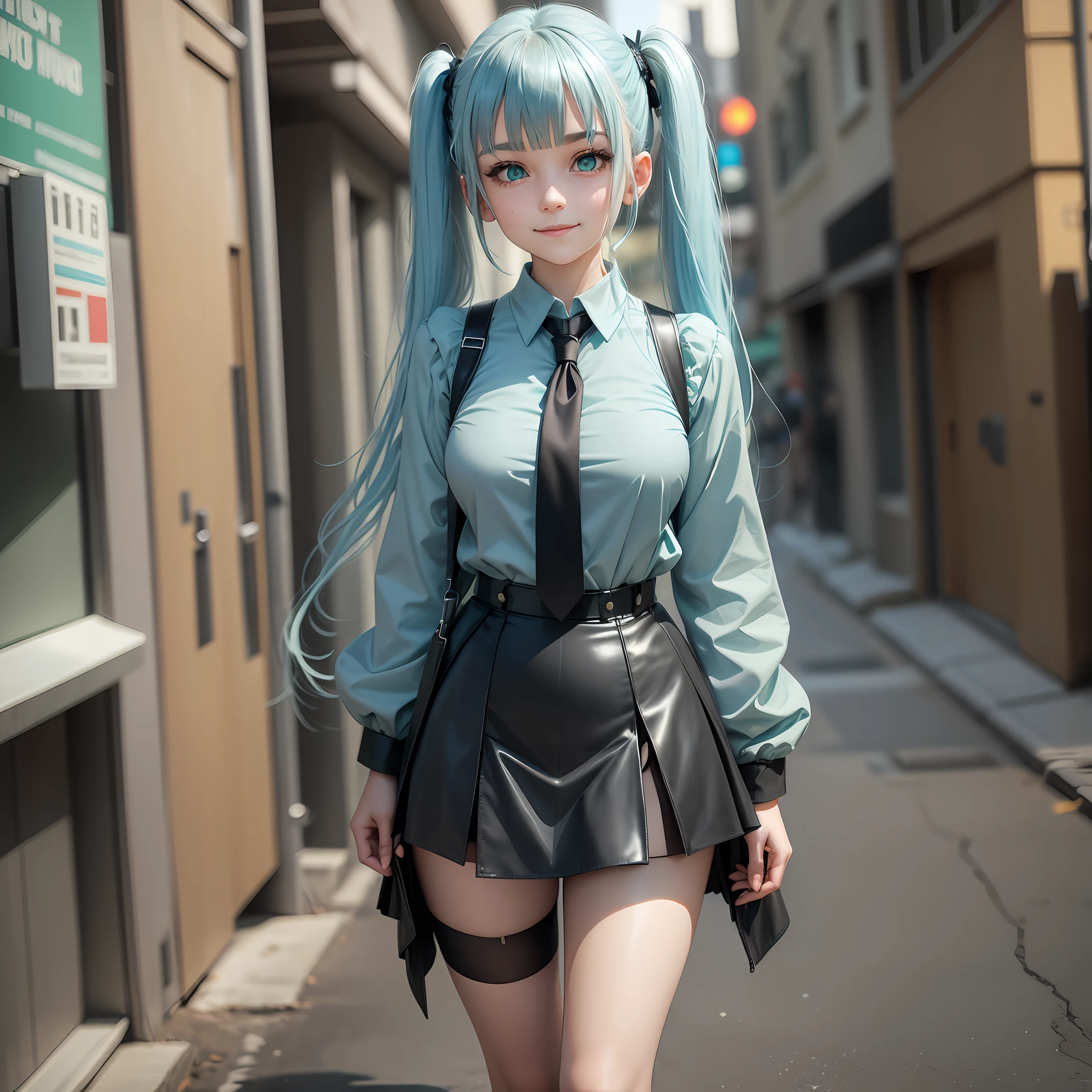 young girl, short skirt, light blue hair, bangs, twintails, long hair, green eyes, surprise, black skirt, dark grey blouse, green tie, dilated pupils, latex boots, cinematic lighting, smile, closed mouth, green details on clothing --auto --s2