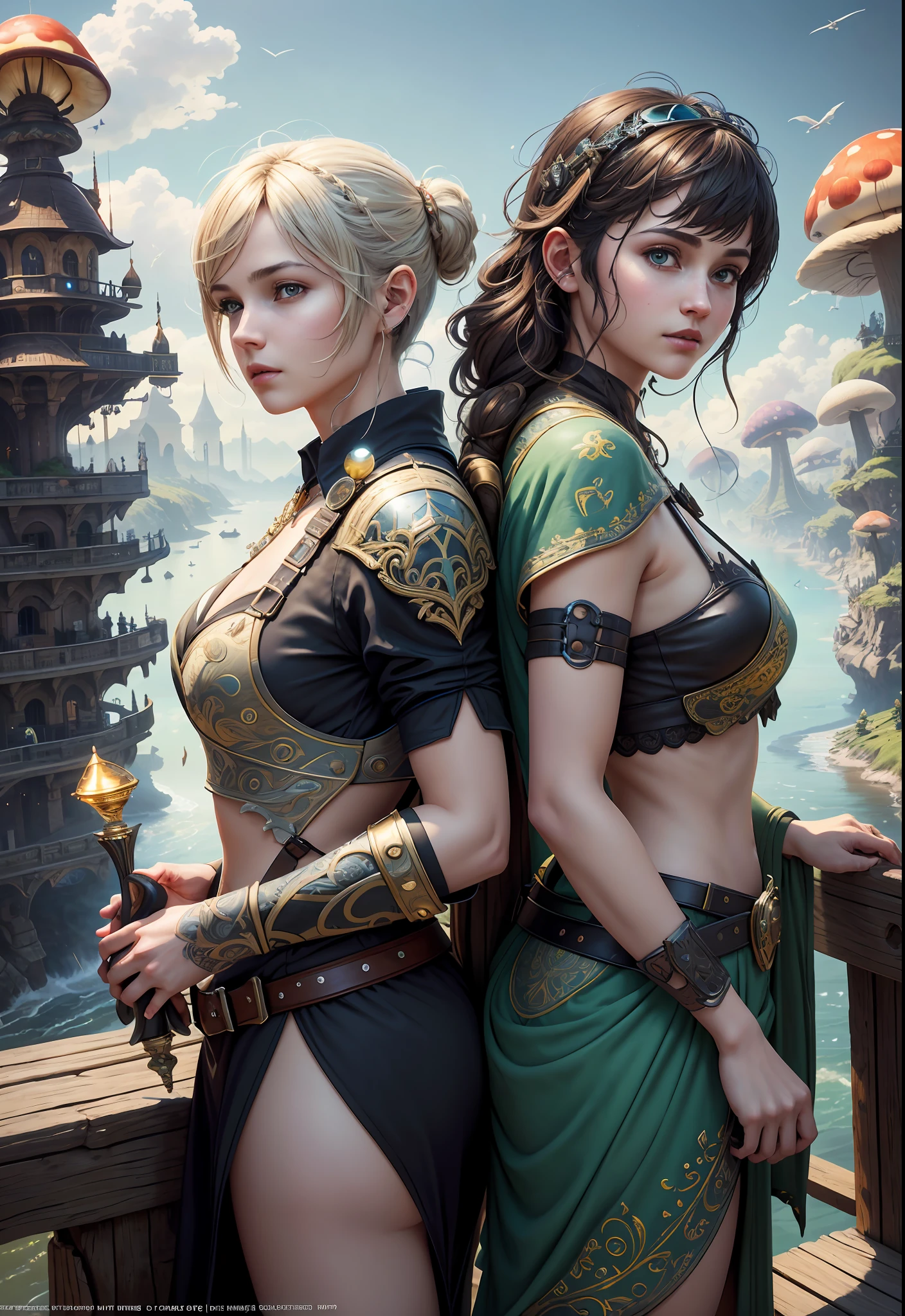 (((Multiplayer, Man and Woman))), Best Quality, Realistic, Realistic, Award-Winning Illustrations, (Intricate Details: 1.2), (Fine Details), (Intricate Details), (Cinematic Light, Best Quality Backlight), Clear Lines, Sharp Focus, Official Art, Unity 8k Wallpaper, Ridiculous, Incredibly Ridiculous, Fantasy Art, RTX, ((Award-winning Triangle Studio Close-up Photo)), 1 Boy, (Shut Up), Best Quality, 4K, beautiful mysterious creatures, female, flying, surrealism, masterpiece of NCWINTERS, in mysterious country town, masterpiece, intricate details, ff14style, urban painting, bridge, river, giant mushroom, landscape, bright colors,