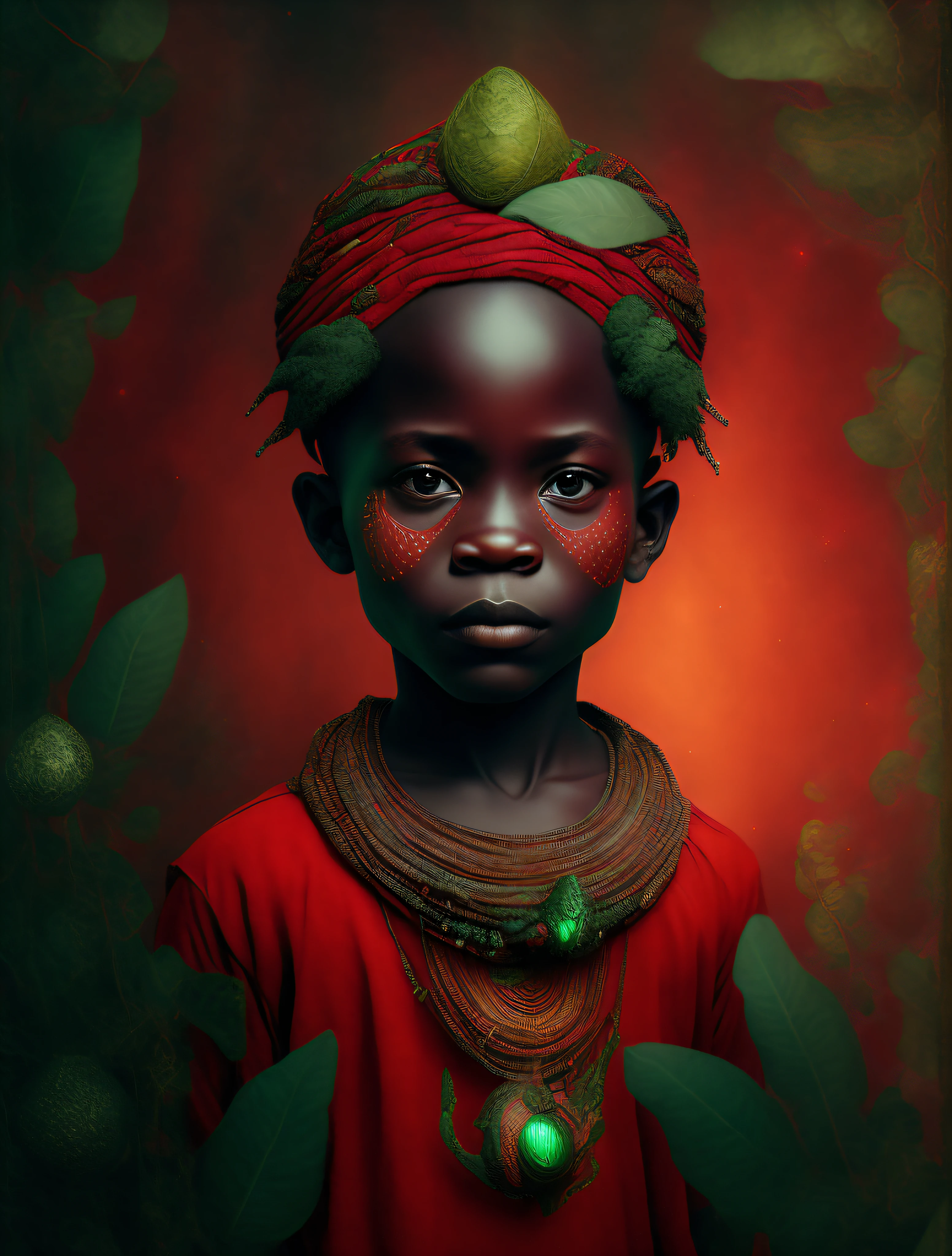 ogun , the african orisha, god of war, yoruba, yoruba deity, boy's look, serious boy, sensitive, light smile, beautiful, props in red and green tones, wearing a detailed and intricate ade, cosmic god, cosmic forest, astrophotography