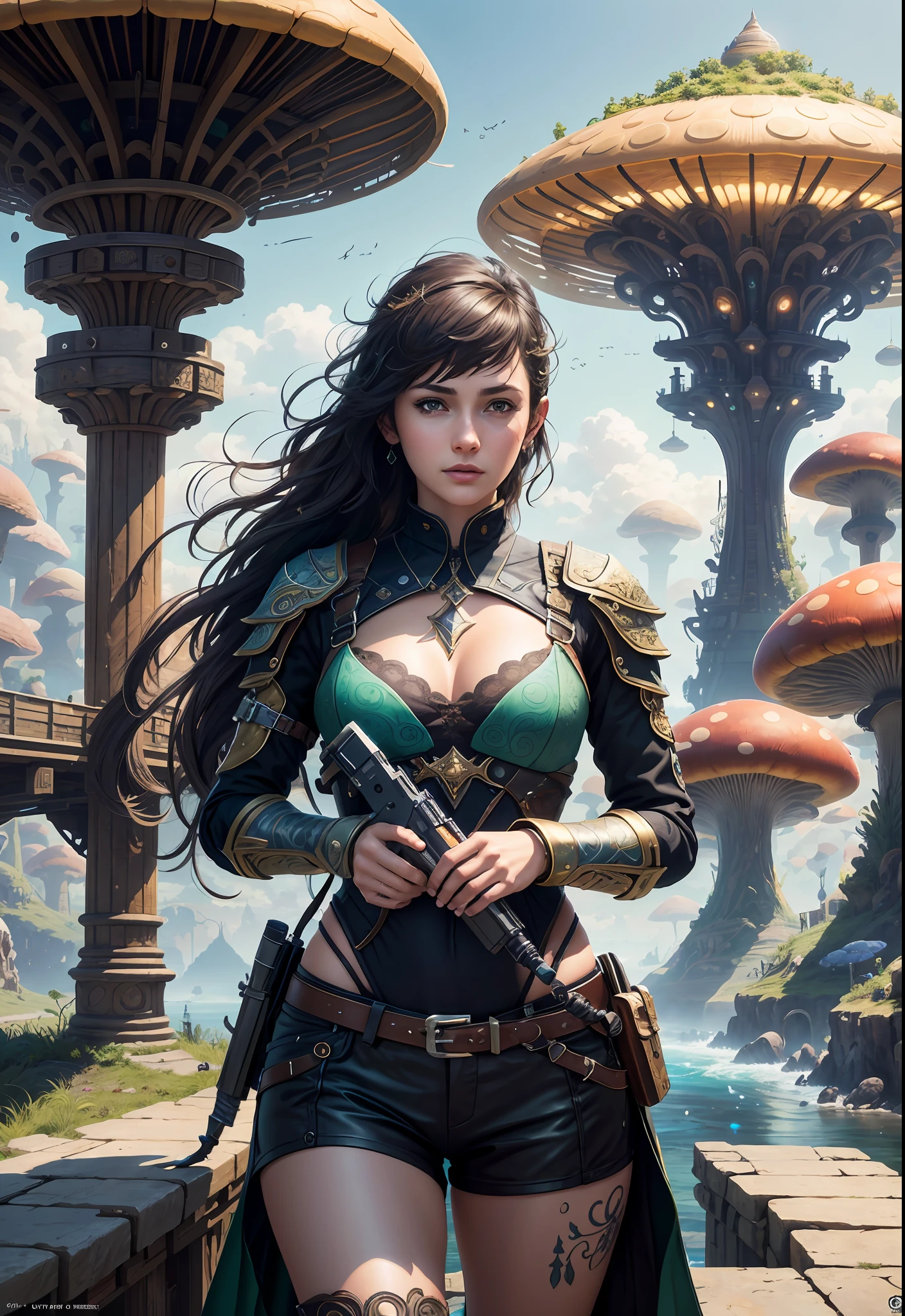(((Multiplayer, Man and Woman))), Best Quality, Realistic, Realistic, Award-Winning Illustrations, (Intricate Details: 1.2), (Fine Details), (Intricate Details), (Cinematic Light, Best Quality Backlight), Clear Lines, Sharp Focus, Official Art, Unity 8k Wallpaper, Ridiculous, Incredibly Ridiculous, Fantasy Art, RTX, ((Award-winning Triangle Studio Close-up Photo)), 1 Boy, (Shut Up), Best Quality, 4K, beautiful mysterious creatures, female, flying, surrealism, masterpiece of NCWINTERS, in mysterious country town, masterpiece, intricate details, ff14style, urban painting, bridge, river, giant mushroom, landscape, bright colors,