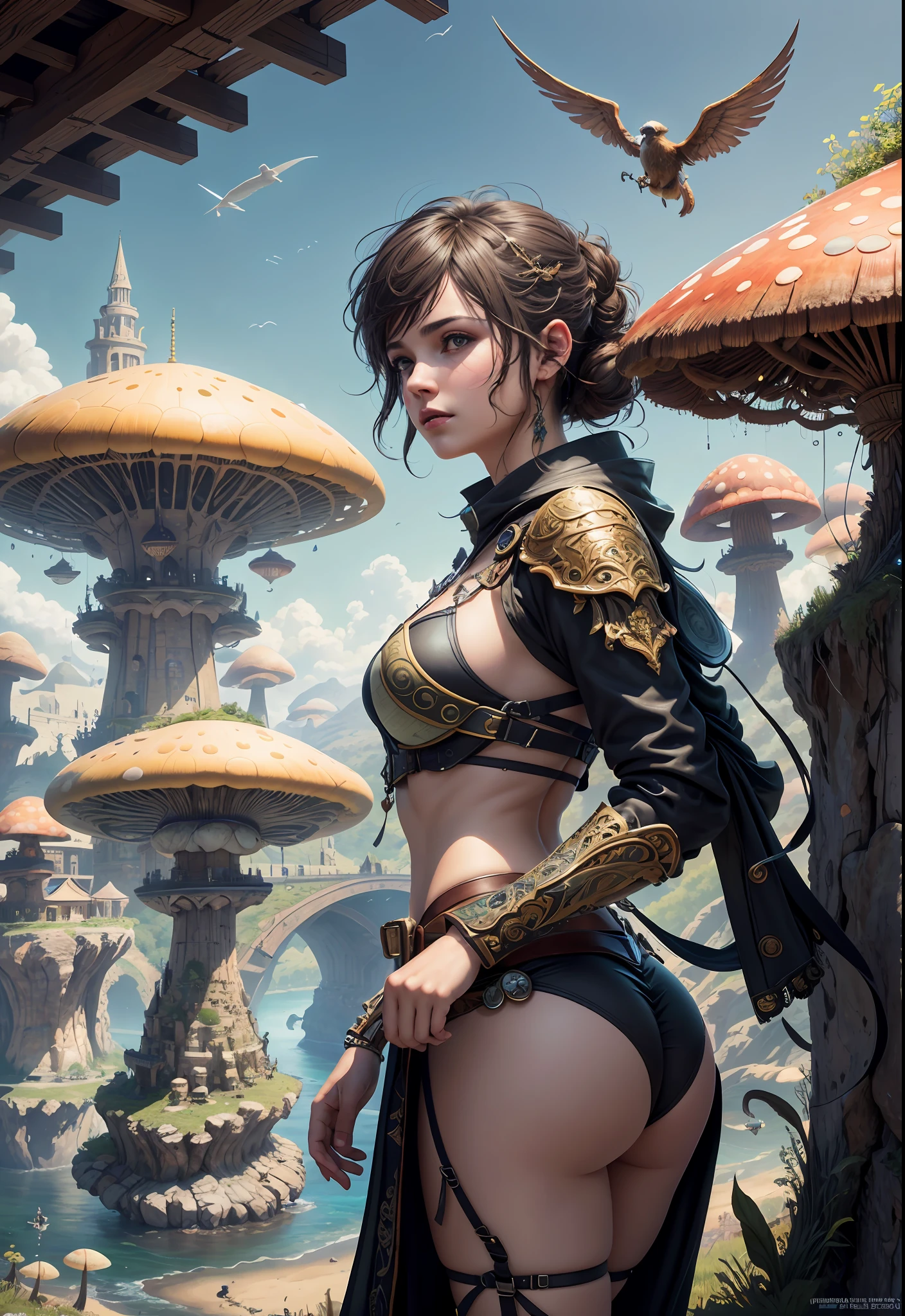 (((Multiplayer, Man and Woman))), Best Quality, Realistic, Realistic, Award-Winning Illustrations, (Intricate Details: 1.2), (Fine Details), (Intricate Details), (Cinematic Light, Best Quality Backlight), Clear Lines, Sharp Focus, Official Art, Unity 8k Wallpaper, Ridiculous, Incredibly Ridiculous, Fantasy Art, RTX, ((Award-winning Triangle Studio Close-up Photo)), 1 Boy, (Shut Up), Best Quality, 4K, beautiful mysterious creatures, female, flying, surrealism, masterpiece of NCWINTERS, in mysterious country town, masterpiece, intricate details, ff14style, urban painting, bridge, river, giant mushroom, landscape, bright colors,
