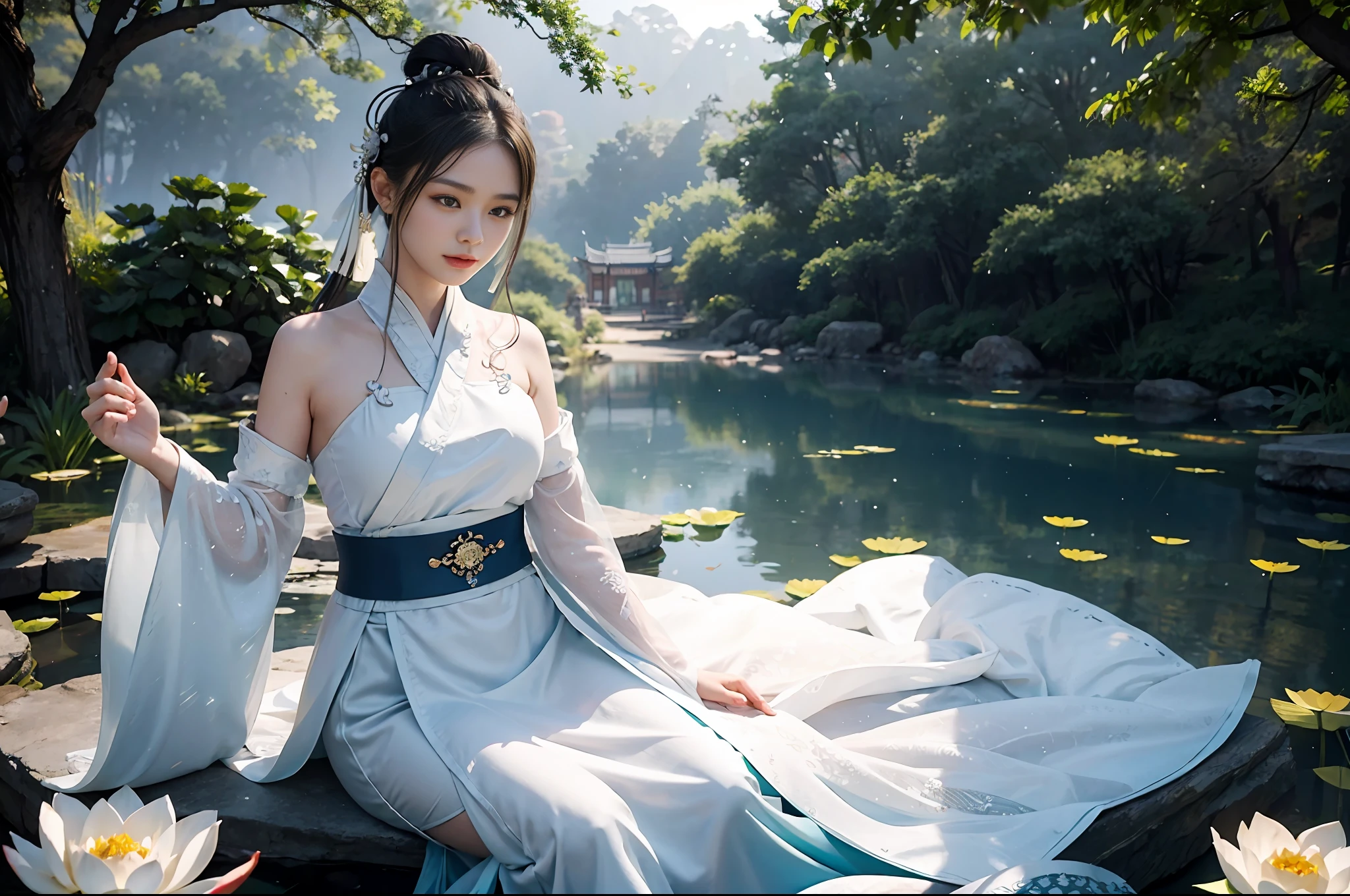 Realistic, close-up, intricate details, super detailed, natural skin texture, 1 girl, hair bundle, bun, beautiful Chinese woman in white hanfu robe cloak, fairy, white mist, golden light, white mist, by the West Lake, in ancient Chinese pavilions, (colorful, vivid, sunny, cool light: 1.2) lotus leaves in the pond, delicate facial details, dynamic poses, exquisite details, wide view, epic details, global illumination- ar 3:2 - q 5 - v 5.1 - Style RAW - S 750, style influenced by ancient Chinese art, complex, high detail, sharp focus, dramatic, photorealistic painting art, lotus leaf, spring rain, bright, light, atmospheric, bright tones of spring, super detail, 16k, best quality, soft light, space, crystal clear, natural light, surreal photography