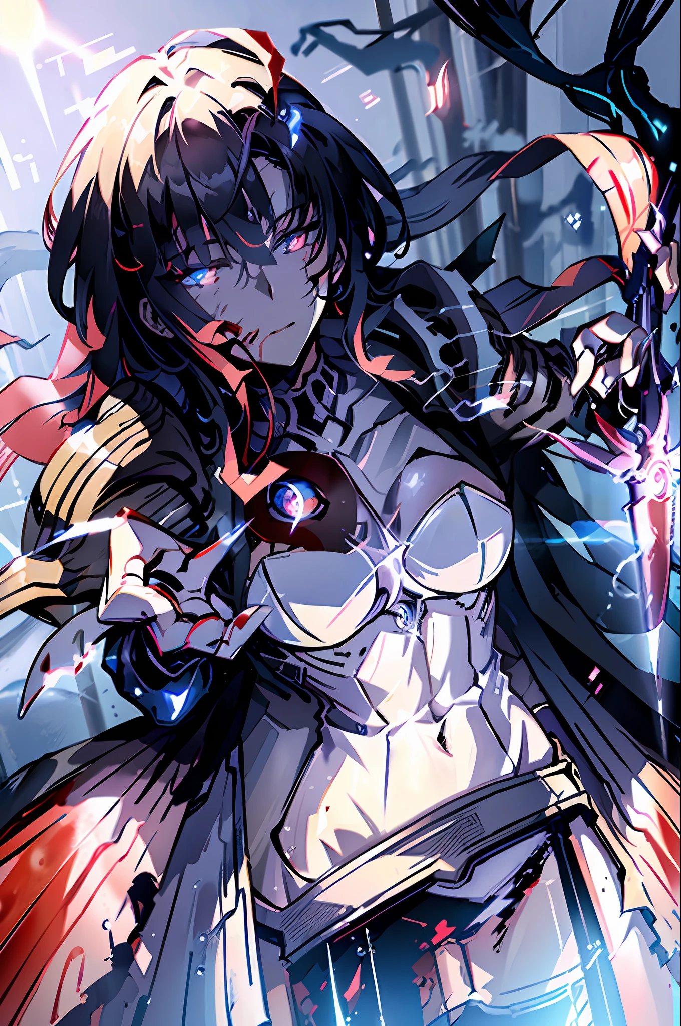 ((Masterpiece)), (((Best Quality))), ((Super Detail)), ((Illustration)), ((Semi-Real), (Reflection), Sharp Focus, Front Lighting, Intense Shadows, (Beautiful Eyes of Details), Eyelashes, (Very Delicate and Beautiful Girl), ((Red Eye)), Silver hair, (Jacket), (Pants), Long hair, (Wielding a sword), (Detailed Eyes), (Cold Blood), Medium Chest, Shiny skin, cinematic lighting mask, ray tracing, depth of field, dynamic angle, watch viewer, ((spectacular background)), (face blood 1.2), (difficulty 1.4), long hair, big breasts
