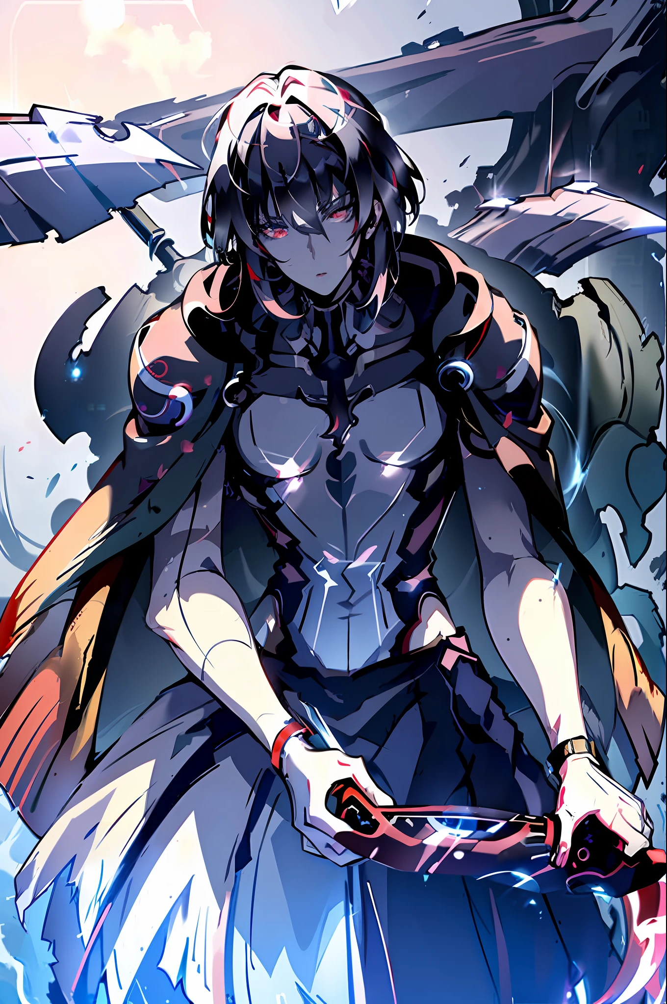 ((Masterpiece)), (((Best Quality))), ((Super Detail)), ((Illustration)), ((Semi-Real), (Reflection), Sharp Focus, Front Lighting, Intense Shadows, (Beautiful Eyes of Details), Eyelashes, (Very Delicate and Beautiful Girl), ((Red Eye)), Silver hair, (Jacket), (Pants), Long hair, (Wielding a sword), (Detailed Eyes), (Cold Blood), Medium Chest, Shiny skin, cinematic lighting mask, ray tracing, depth of field, dynamic angle, watch viewer, ((spectacular background)), (face blood 1.2), (difficulty 1.4), long hair, big breasts