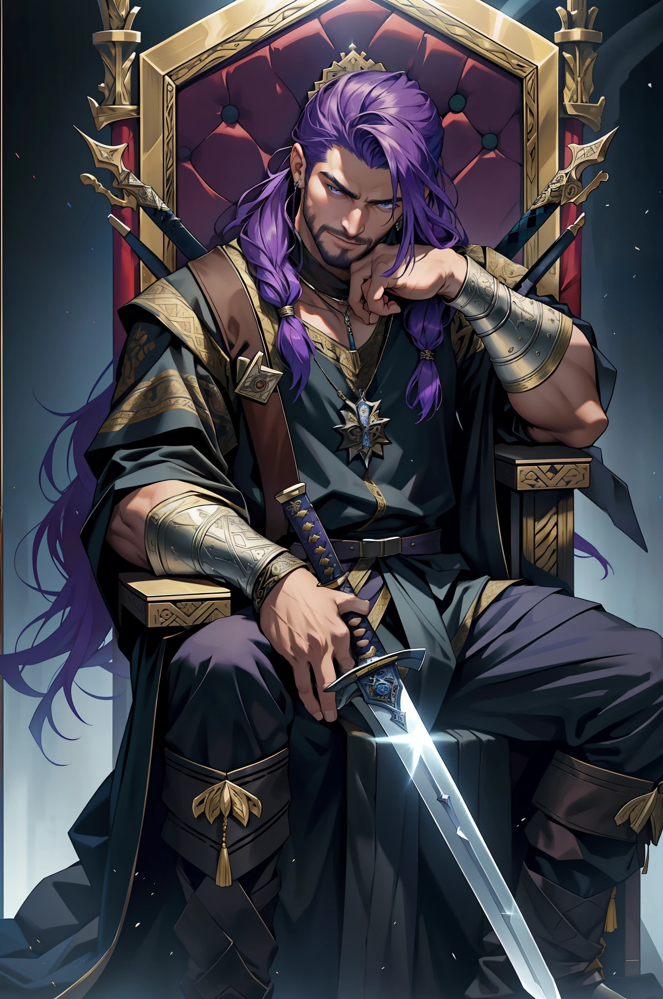 (a 30-year-old man) sitting on a throne made of swords, reminiscent of the famous thrones of the series( Game of Thrones) [".] He is seen full body, with the (camera a little away from where he is sitting), which allows you to view all his imposing bearing [".] (His eyes are a deep purple) and contrast with his (long hair entwined in purple dreads), (which run down his back) [".] His skin is of a brown hue, which highlights his strong and striking features [".] (He's dressed in black, with light fabric clothes that look luxurious.) [".] On his neck and wrists, he wears several gold necklaces and bracelets, which shine against his skin [".] The scenery in which it stands is highly detailed, with an impressive sharpness and realism, thanks to the digital illustration in 4K [".] Several elements are present that indicate a war scene in the age of the Vikings, such as burning ships, soldiers with shields and swords, and smoke [".] The throne on which he is seated is composed of swords, which gives an even more epic and imposing air to his figure [".] (The man holds a long, sharp sword in his right hand), (which has also been drawn in detail with sharpness and realism), and appears to be a Viking sword [".] His smile is mischievous, almost imperceptible, and seems to indicate that he knows secrets that no one else does. He examines his surroundings with a piercing gaze, as if he is always one step ahead of others [".] His purple dreaded hair is an important element of his appearance, and has been designed with care and attention to detail [".] (The sword is also an important part of the drawing), (and was depicted realistically and accurately) [".] The design conveys the feel of an epic battle scene, with a mix of fantasy and story elements [".] The 4K digital illustration allows you to visualize stunning details, such as the textures of the swords that make up the throne and the reflections