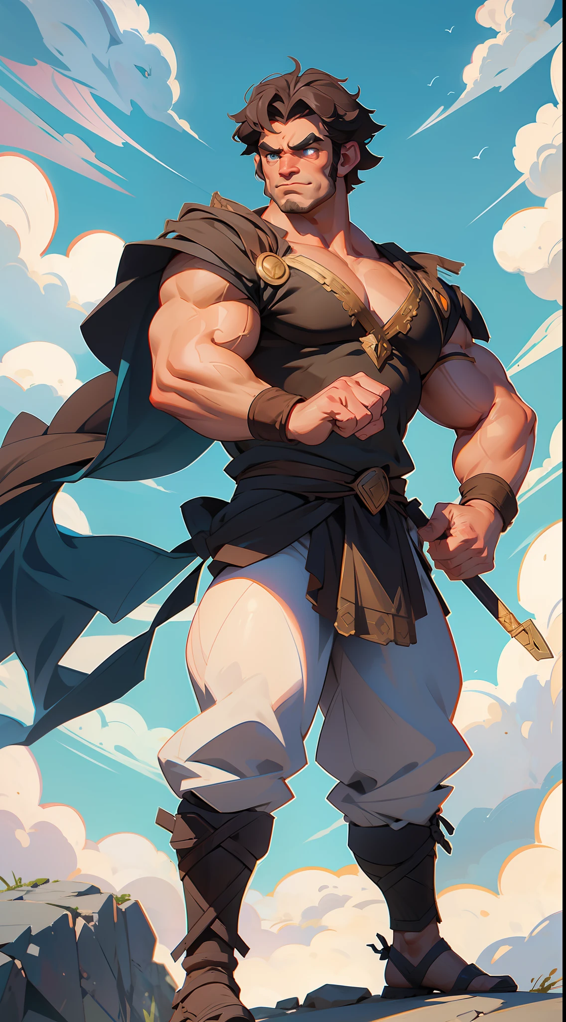 Hercules raging, very muscular body, super strong, ready for combat, in the background the Mount Olympus