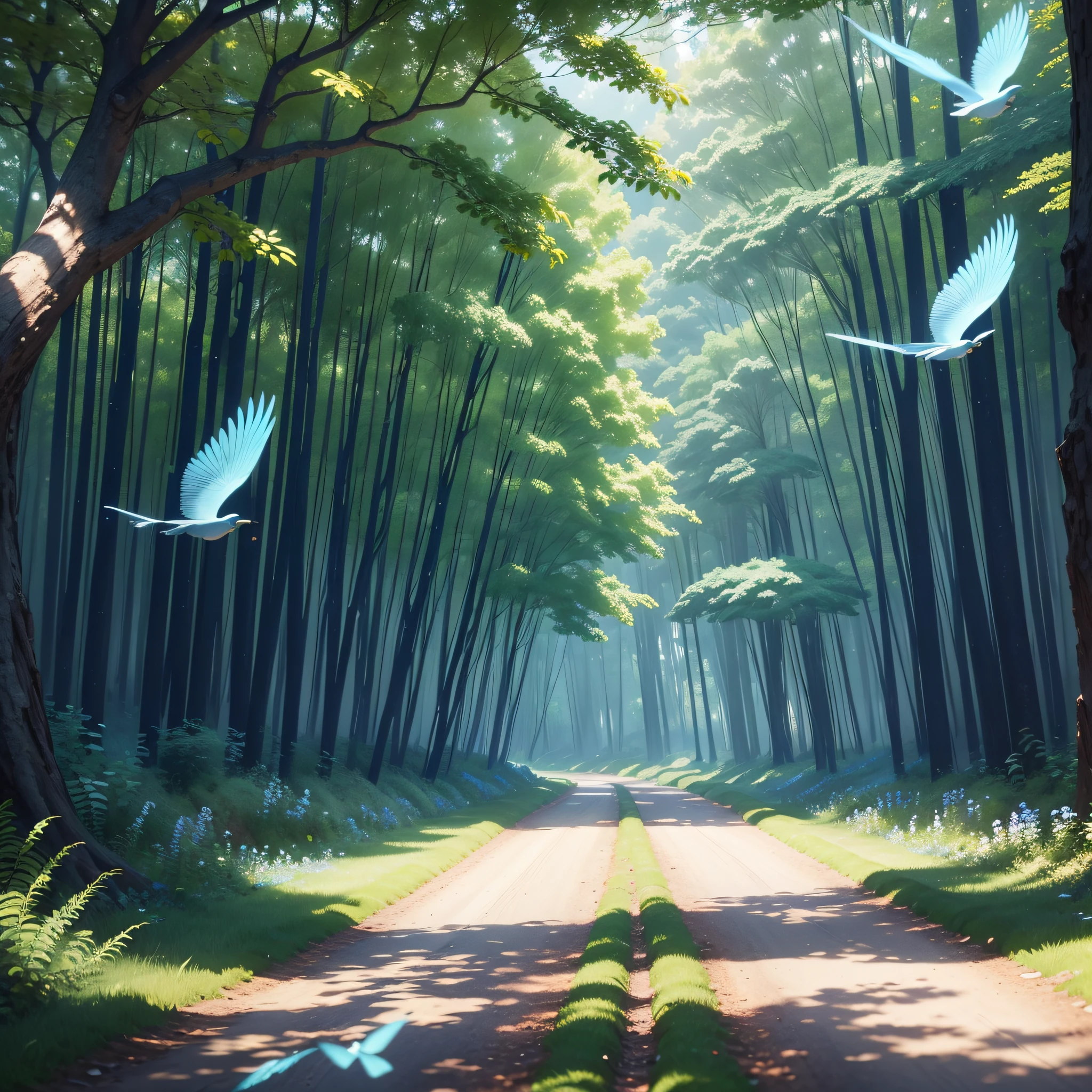 A BEAUTIFUL FOREST ROAD WITH BLUE SEAGULLS FLYING Masterpiece, best quality, (very detailed CG unit 8k wallpaper) (best quality), (best illustration), (best shadows) green fields, valley, forest, small rustic hut in broken ruins, delicate leaves of petals of various colors falling into the air, Ray tracing, ultra detailed --auto --v6 --s2