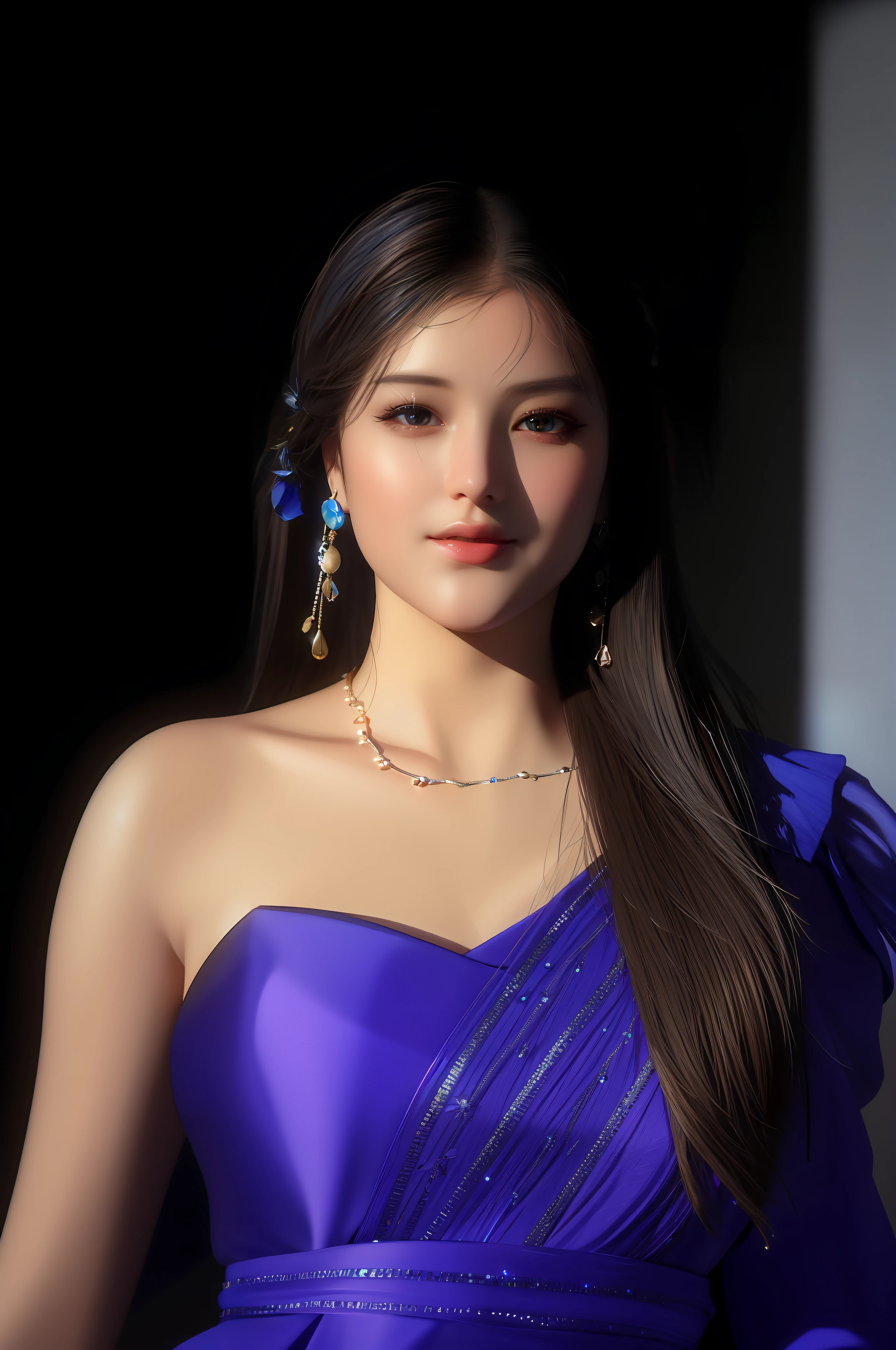 Best quality, masterpiece, high resolution, 1girl, porcelain Blue dress, hair accessories, necklace, jewelry, beautiful face, on the body, Tyndall effect, realistic, dark studio, nude, edge lighting, two-tone lighting, (high detail skin: 1.2), 8k UHD, dslr, soft light, high quality, volumetric light, candid, photo, high resolution, 4k, 8k, 8k, background blur, magical world background