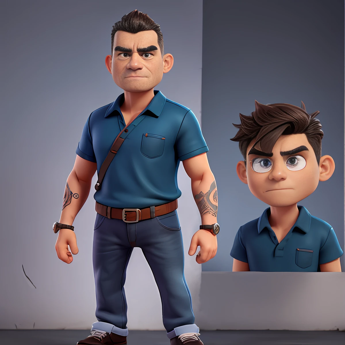 Cute small 47-years-old male Fashion Artist , huge head, Crew cut hair,Killer eye, highly detailed eyes,front-facing, casual wear , angry mood,fit, Wearing Gradient Short Sleeve Shirt and dark blue jeans and black running shoes, looks like a boss, full body view, highly detailed hands ,Toy figures,best quality, 3d cartoon,full body view, fantasy, dreamlike, surrealism, super cute, trending on artstation