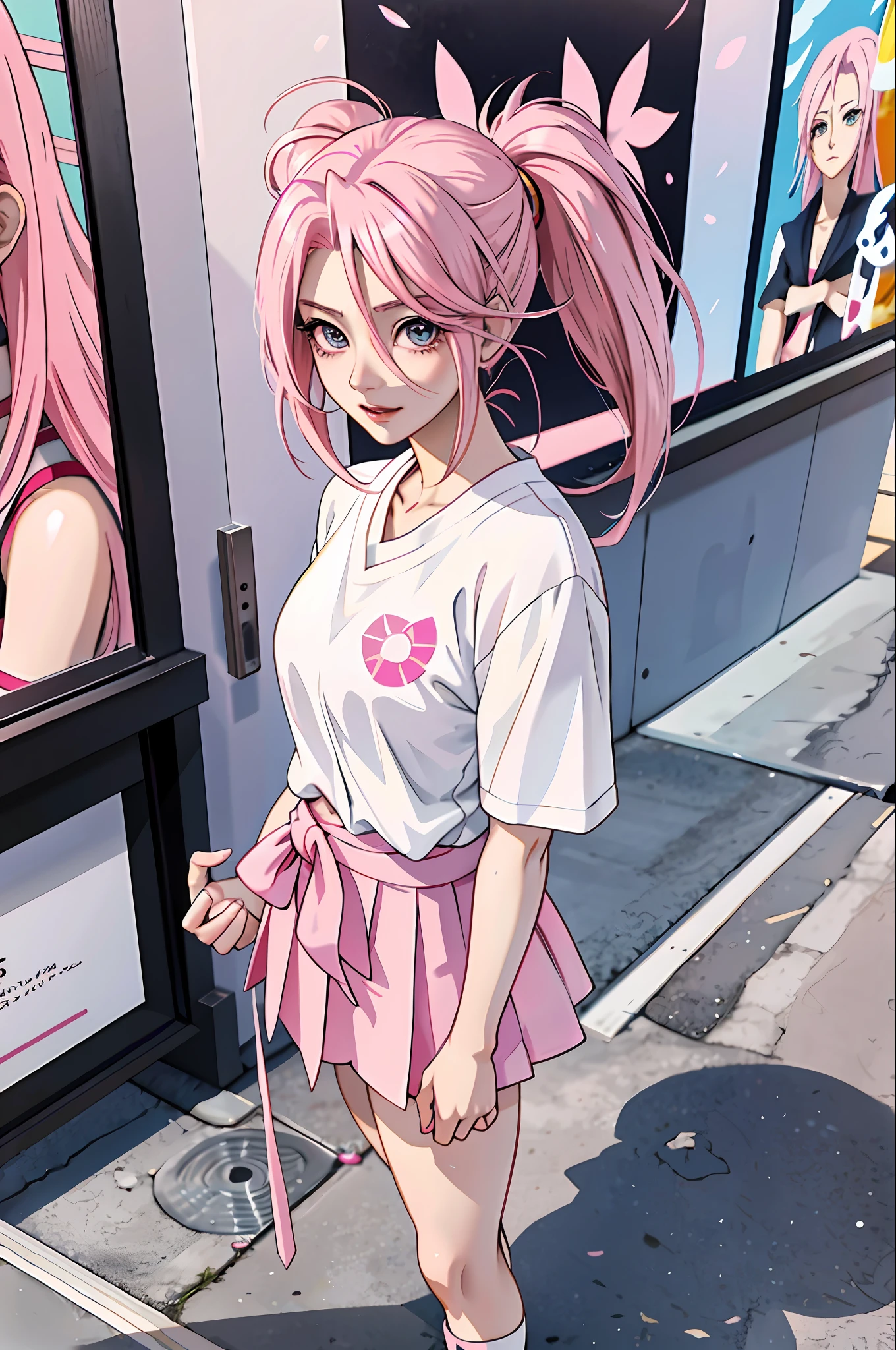 anime - style girl with pink hair and a white shirt posing for a picture, sakura haruno, haruno sakura, photorealistic anime girl render, realistic anime 3 d style, anime styled 3d, 3 d anime realistic, photorealistic anime, hyper realistic anime, smooth anime cg art, pink twintail hair and cyan eyes