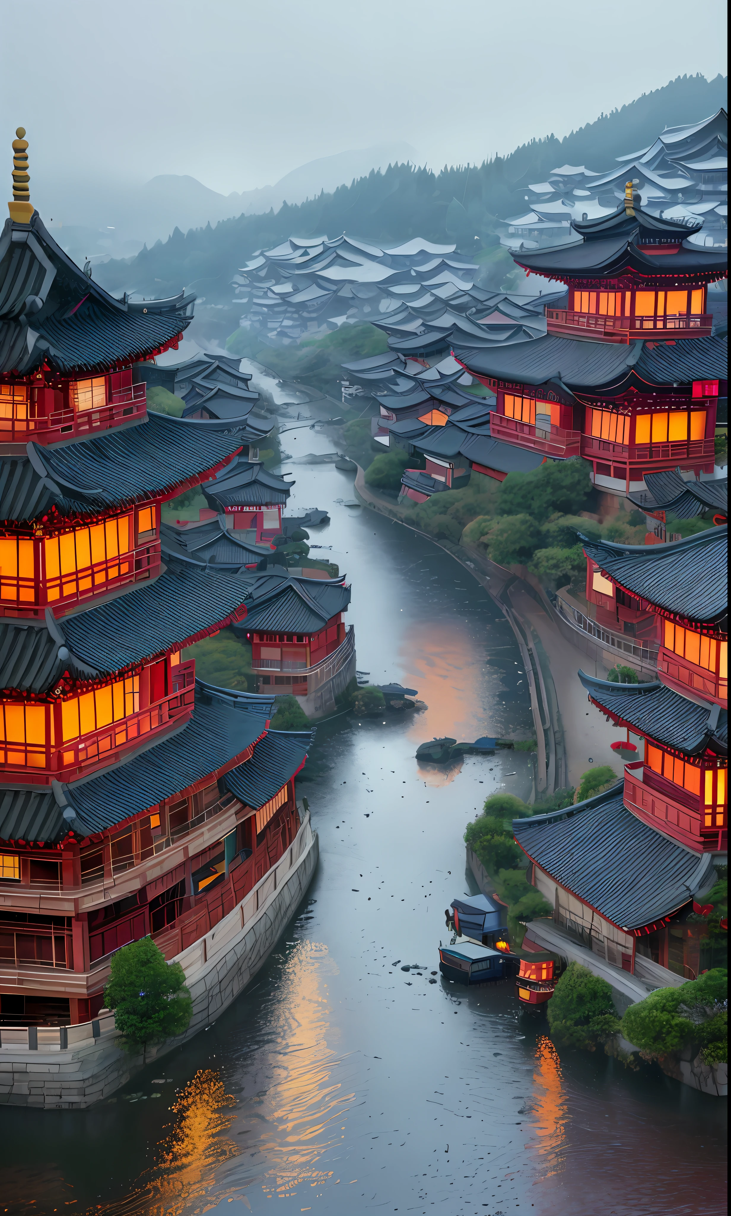 arafed view of a village with a lot of lights on the buildings, dreamy chinese town, chinese village, amazing wallpaper, japanese town, japanese village, hyper realistic photo of a town, old asian village, japanese city, by Raymond Han, rainy evening, cyberpunk chinese ancient castle, beautifully lit buildings, at evening during rain, beautiful and aesthetic, photography, cinematic, 8k, high detailed ((Heavy rain)))