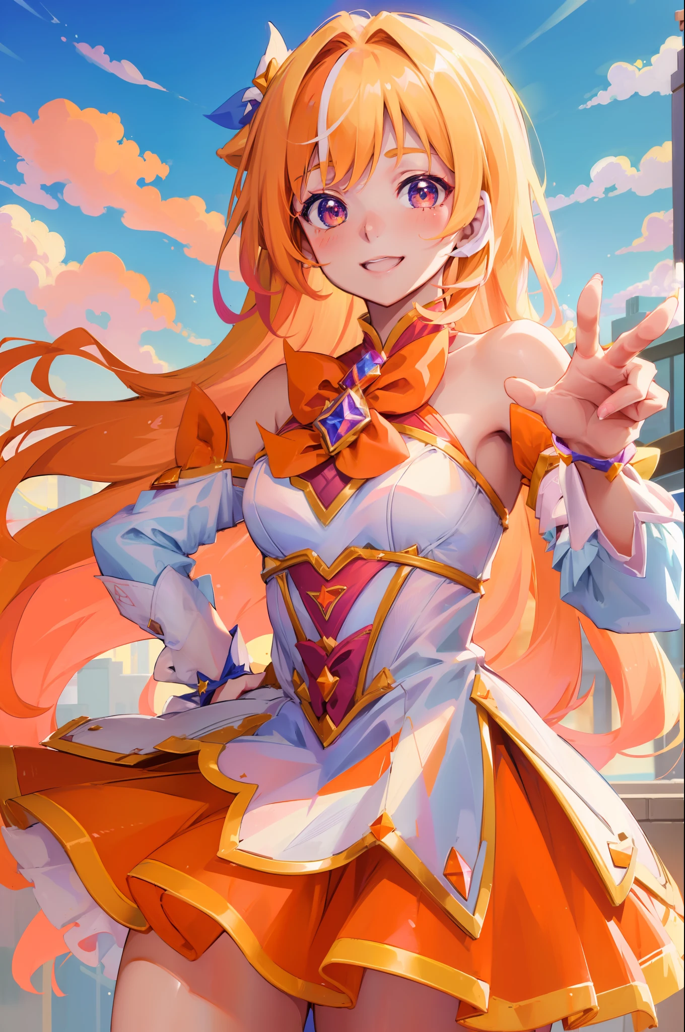 (Masterpiece:1.4), (best quality:1.2), star guardian seraphine, blonde hair, orange hair, multicolored hair, multicolored clothes, dress, hair bow, detached sleeves, smile, upper body, cowboy shot