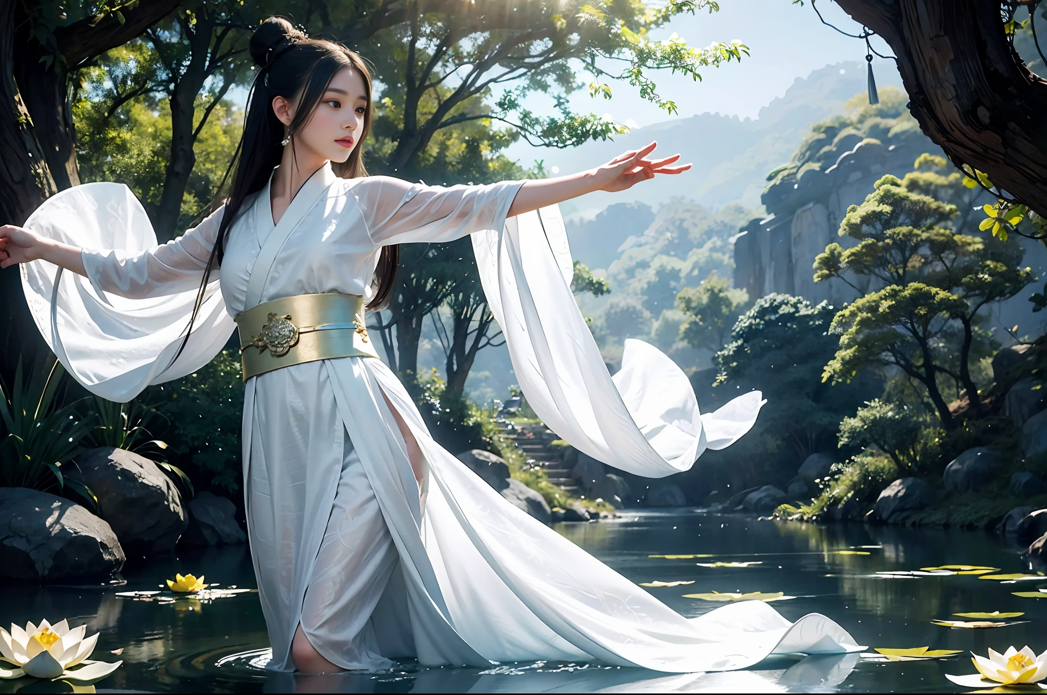 Realistic, close-up, intricate details, super detailed, natural skin texture, 1 girl, hair bundle, bun, beautiful Chinese woman in white hanfu robe cloak, fairy, white mist, golden light, white mist, by the West Lake, in ancient Chinese pavilions, (colorful, vivid, sunny, cool light: 1.2) lotus leaves in the pond, delicate facial details, dynamic poses, exquisite details, wide view, epic details, global illumination- ar 3:2 - q 5 - v 5.1 - Style RAW - S 750, style influenced by ancient Chinese art, complex, high detail, sharp focus, dramatic, photorealistic painting art, lotus leaf, spring rain, bright, light, atmospheric, bright tones of spring, super detail, 16k, best quality, soft light, space, crystal clear, natural light, surreal photography