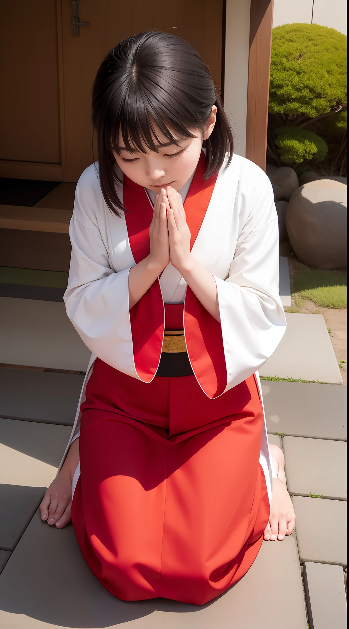 Beautiful Japanese woman praying on her knees with her eyes closed