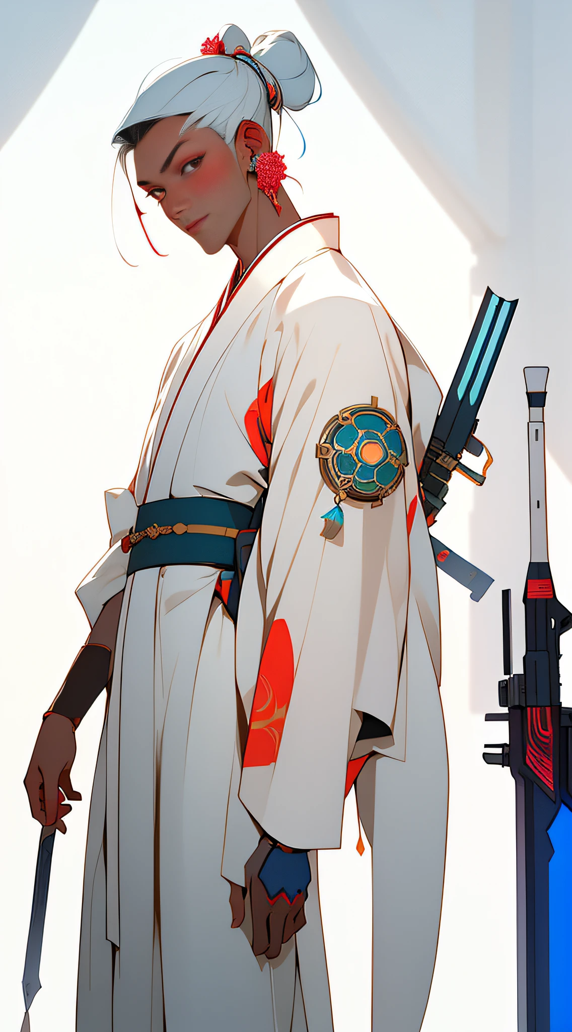 (Masterpiece, Top Quality, Best Quality), (((Flat Color))), ((Cyberpunk Style, Robotic Arm, Hololo, Surreal Sci-Fi Art, Futuristic Sci-Fi Aesthetics)), 1 Boy Solo, Close Up, (Resolute Eyes), (Ancient Chinese Clothes, White Robe, Embroidered Collar Uesugi, White Big Sleeve Shirt, Streamers), (Hairpins, Long Black Hair, Weapons, Swords), (Hanfu), (Clear Facial Features, Detailed Skin Texture, Beautiful Face), White Background, Earrings, Dark Skin, Standing, (8k, RAW photo, best quality, masterpiece: 1.2), (realistic, photo photorealistic: 1.4), (very detailed CG Unity 8k wallpaper), full body, (neon: 1.4)