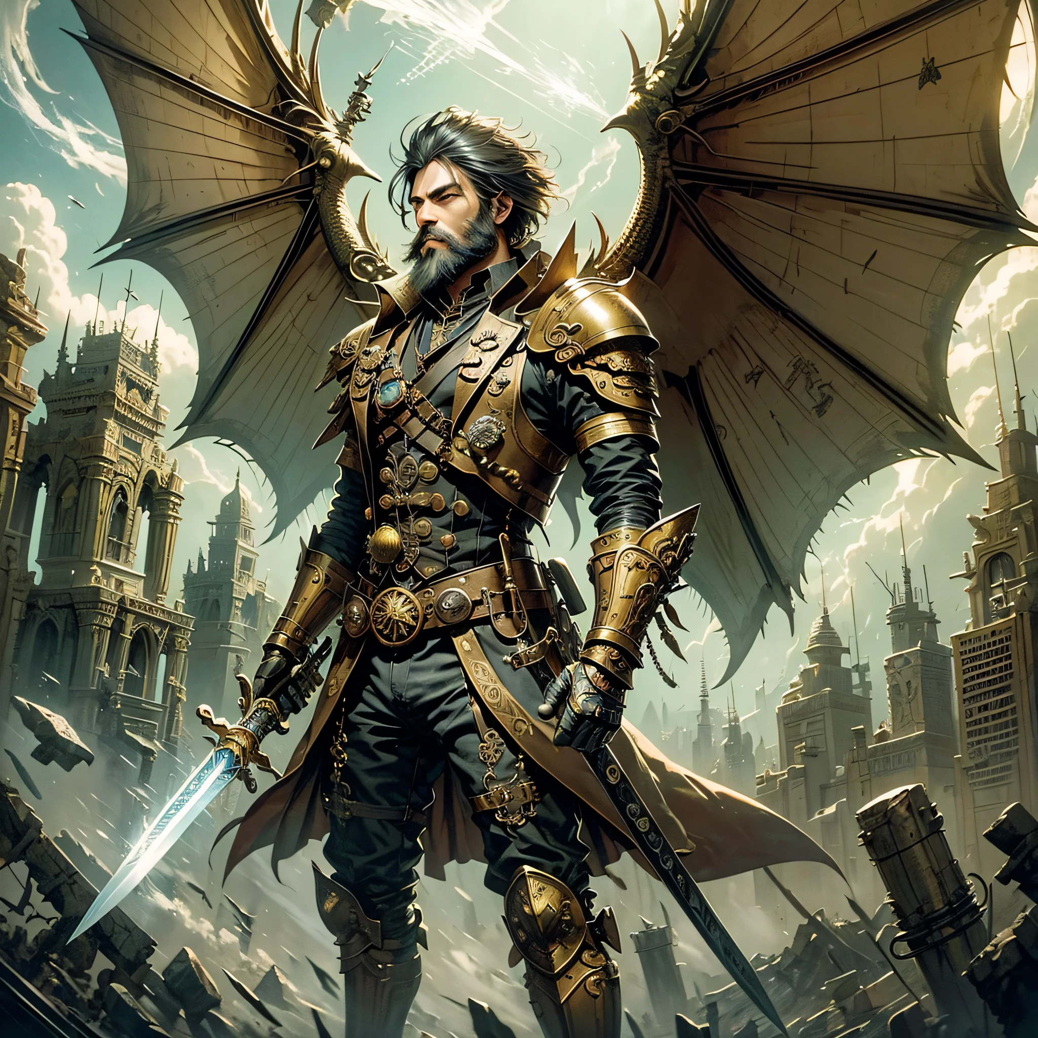 (Steampunk style, best quality) A strong magic swordsman with a beard, a magic sword in his hand, delicate gold armor, equipped with magic swordsman equipment, and dragon wings floating behind his back. The picture is full of steam from the mechanical age, and the background of the scene is the ruins of the sky city. --auto --s2