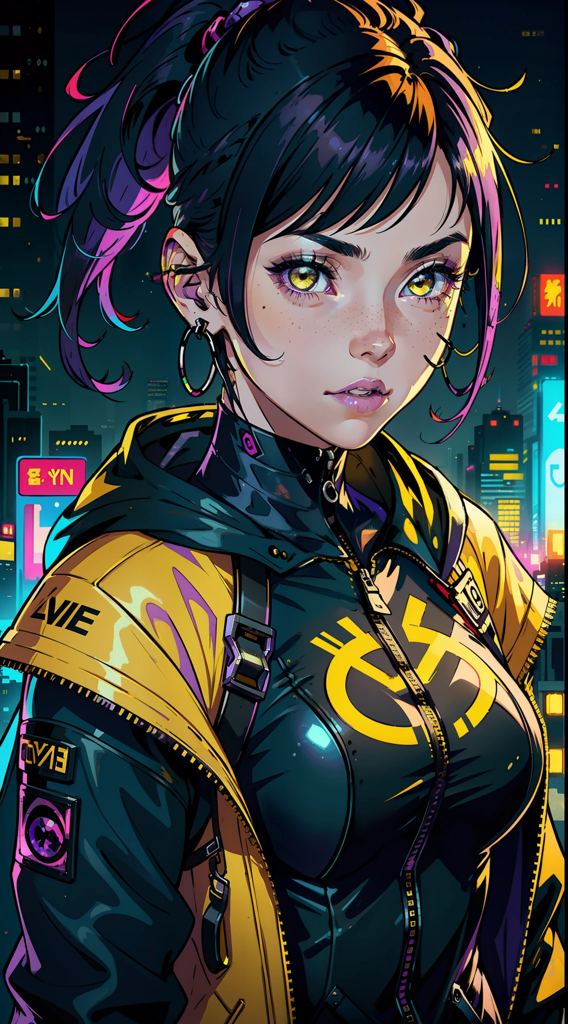 1girl,solo,colorful,yellow eyes,cyberpunk,city,peace sign,earrings,purple hair,eye patche,freckles,prothesis,mechanic,neon,beautiful lighting,purple reflection,cap,smoking,character focus,cg illustration,bust shot,yellow and black outfit,black hair,