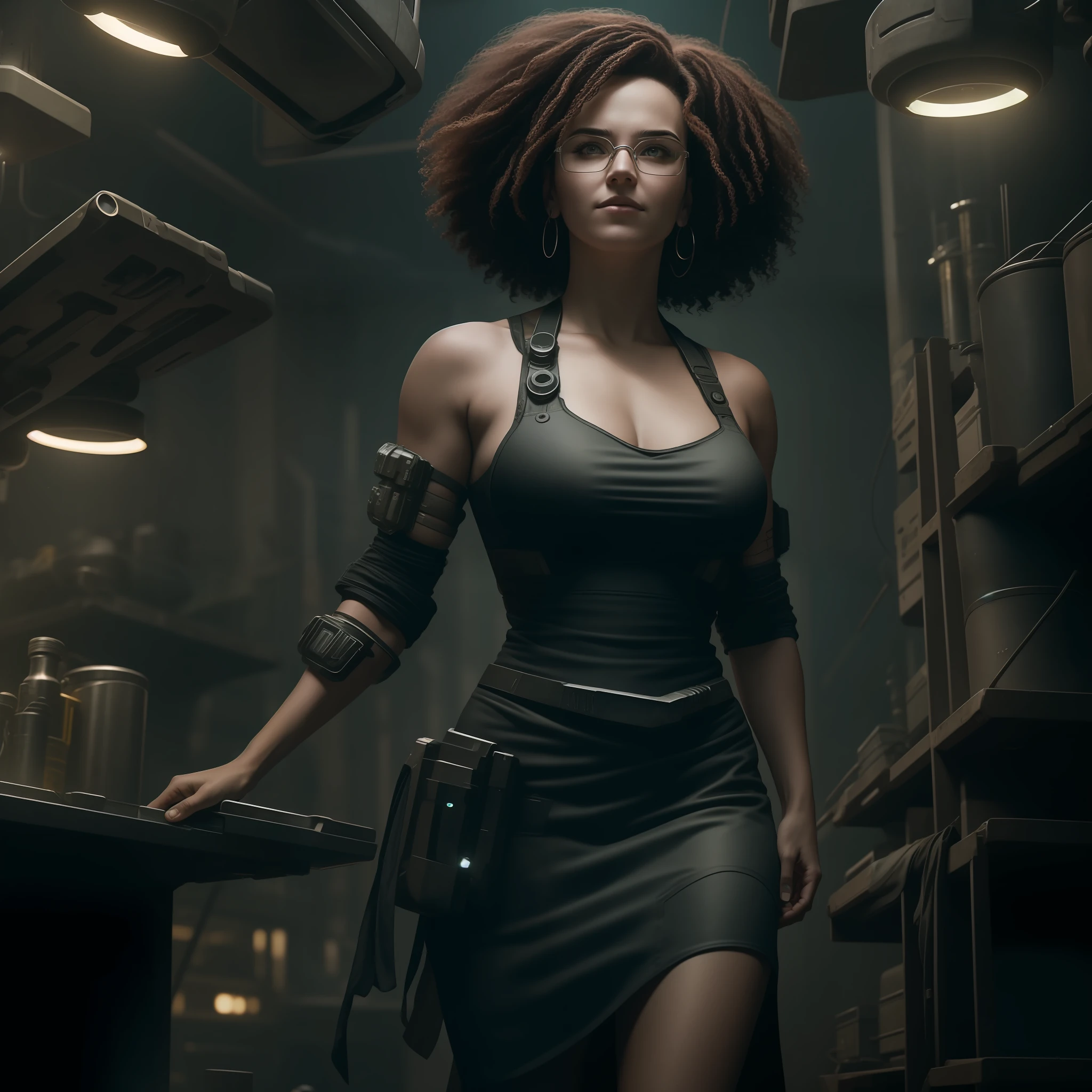 (Cyberpunk) (4k) You're looking at a sci-fi movie scene in which a woman with short, curly hair is on her back fixing the "Zeus of Steel Giants." She wears glasses and a dirty mechanic's apron, showing off her skill and dexterity in mechanics. As she works, her serious, focused expression indicates that she is determined to complete the task at hand. The surrounding environment is dark and nuanced, with flickering reflections coming from the lights of the equipment around it. (Solo) (1 woman)