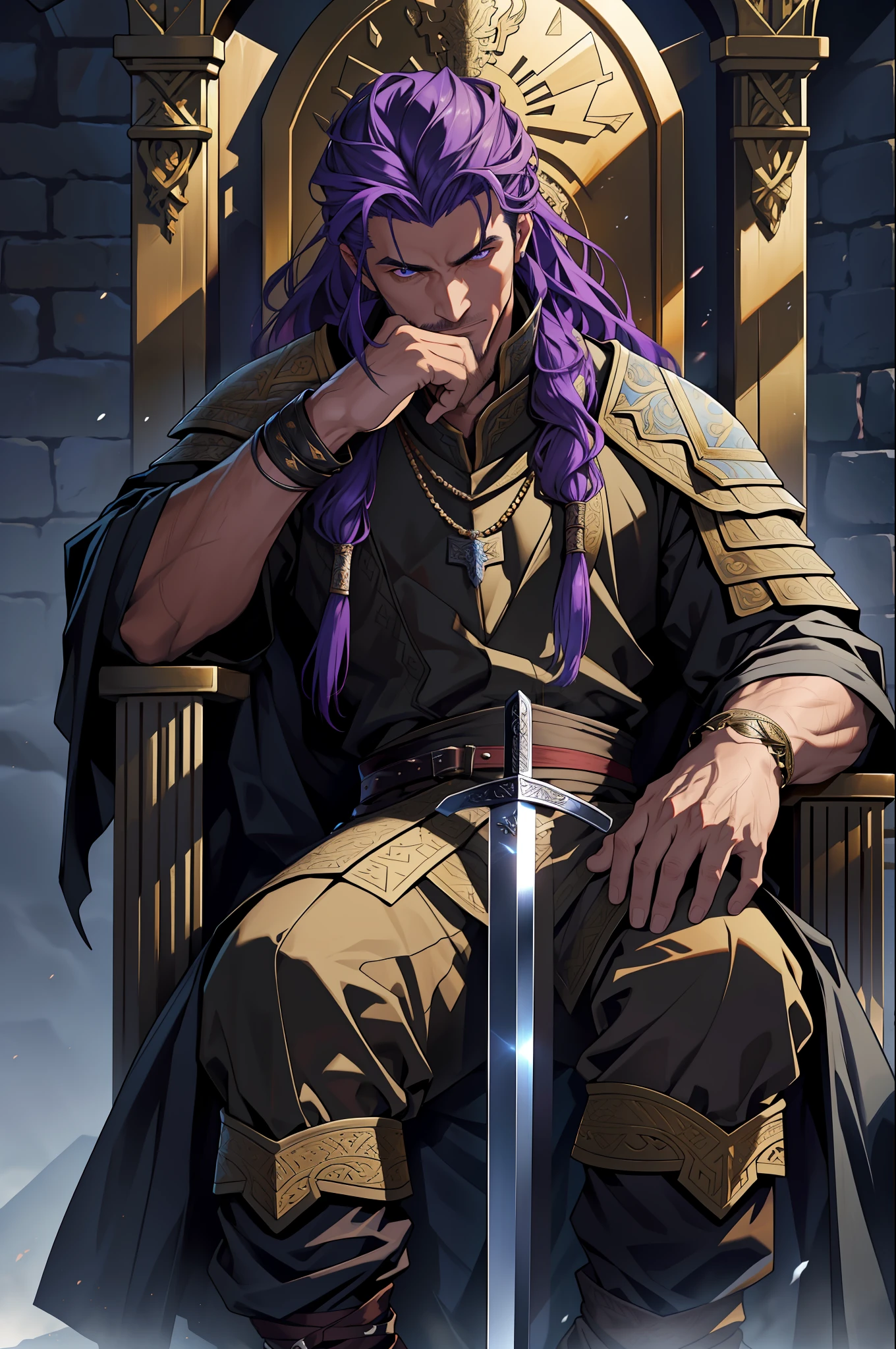 (a 30-year-old man) sitting on a throne made of swords, reminiscent of the famous thrones of the series( Game of Thrones) [".] He is seen full body, with the (camera a little away from where he is sitting), which allows you to view all his imposing bearing [".] (His eyes are a deep purple) and contrast with his (long hair entwined in purple dreads), (which run down his back) [".] His skin is of a brown hue, which highlights his strong and striking features [".] (He's dressed in black, with light fabric clothes that look luxurious.) [".] On his neck and wrists, he wears several gold necklaces and bracelets, which shine against his skin [".] The scenery in which it stands is highly detailed, with an impressive sharpness and realism, thanks to the digital illustration in 4K [".] Several elements are present that indicate a war scene in the age of the Vikings, such as burning ships, soldiers with shields and swords, and smoke [".] The throne on which he is seated is composed of swords, which gives an even more epic and imposing air to his figure [".] (The man holds a long, sharp sword in his right hand), (which has also been drawn in detail with sharpness and realism), and appears to be a Viking sword [".] His smile is mischievous, almost imperceptible, and seems to indicate that he knows secrets that no one else does. He examines his surroundings with a piercing gaze, as if he is always one step ahead of others [".] His purple dreaded hair is an important element of his appearance, and has been designed with care and attention to detail [".] (The sword is also an important part of the drawing), (and was depicted realistically and accurately) [".] The design conveys the feel of an epic battle scene, with a mix of fantasy and story elements [".] The 4K digital illustration allows you to visualize stunning details, such as the textures of the swords that make up the throne and the reflections