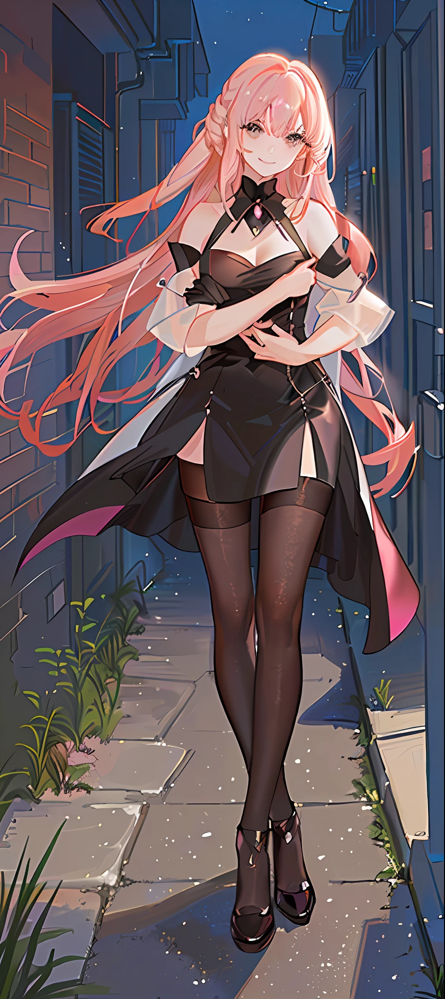 The black-haired beauty, pitifully hugging, the arm of the pink-haired beauty, in the dimly lit alley, with a meaningful smile