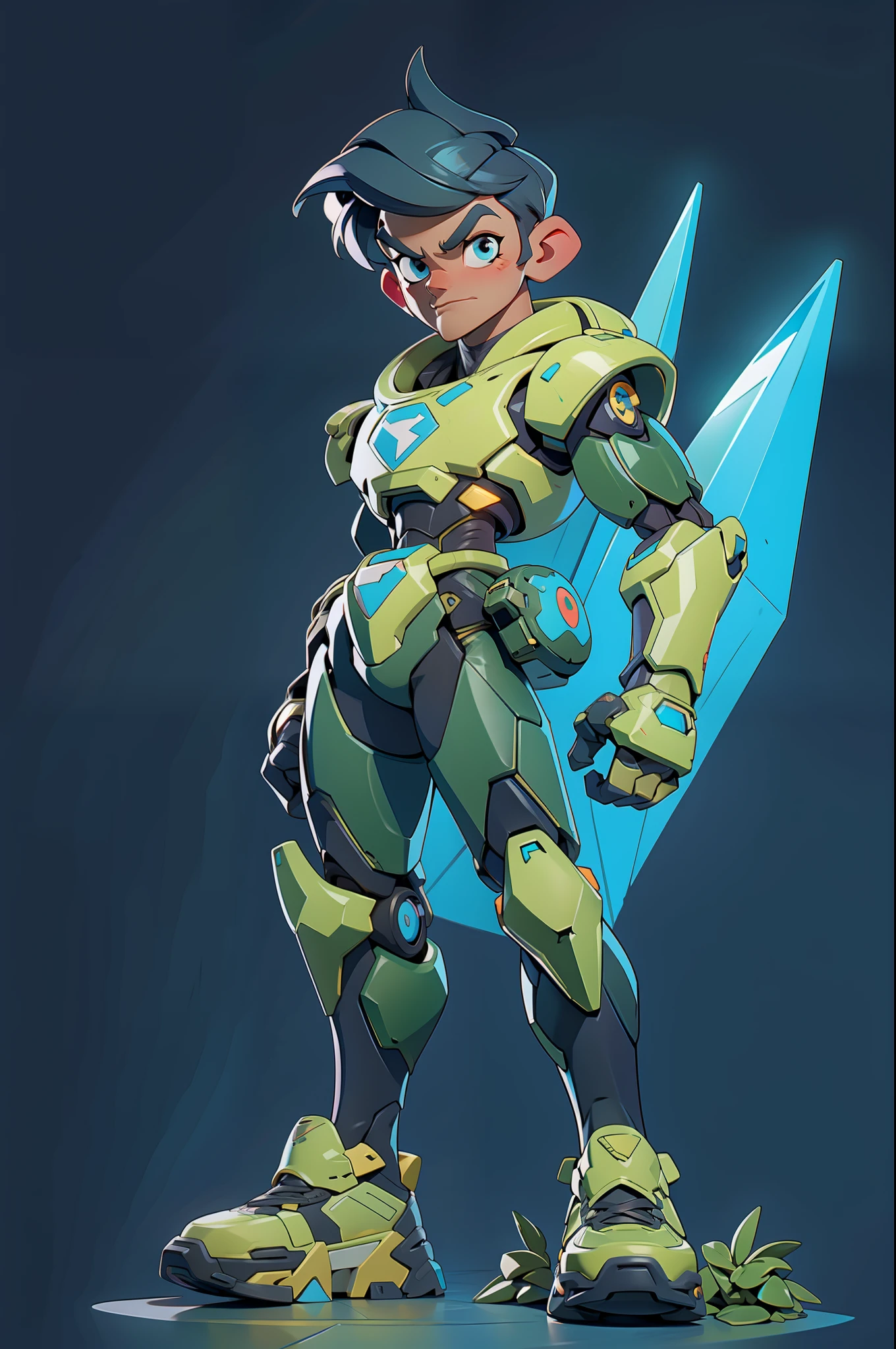 A handsome boy, mischievous eyes, full body, clear facial features, amazing facial features, modern style, technology, super complex design, boots, (mechanical arm, mech), grass, stones, game models, stunning lighting, C4D, OC rendering, cinematic edge light, fine light, masterpiece, super detail, epic composition, ultra hd, high quality, 32k