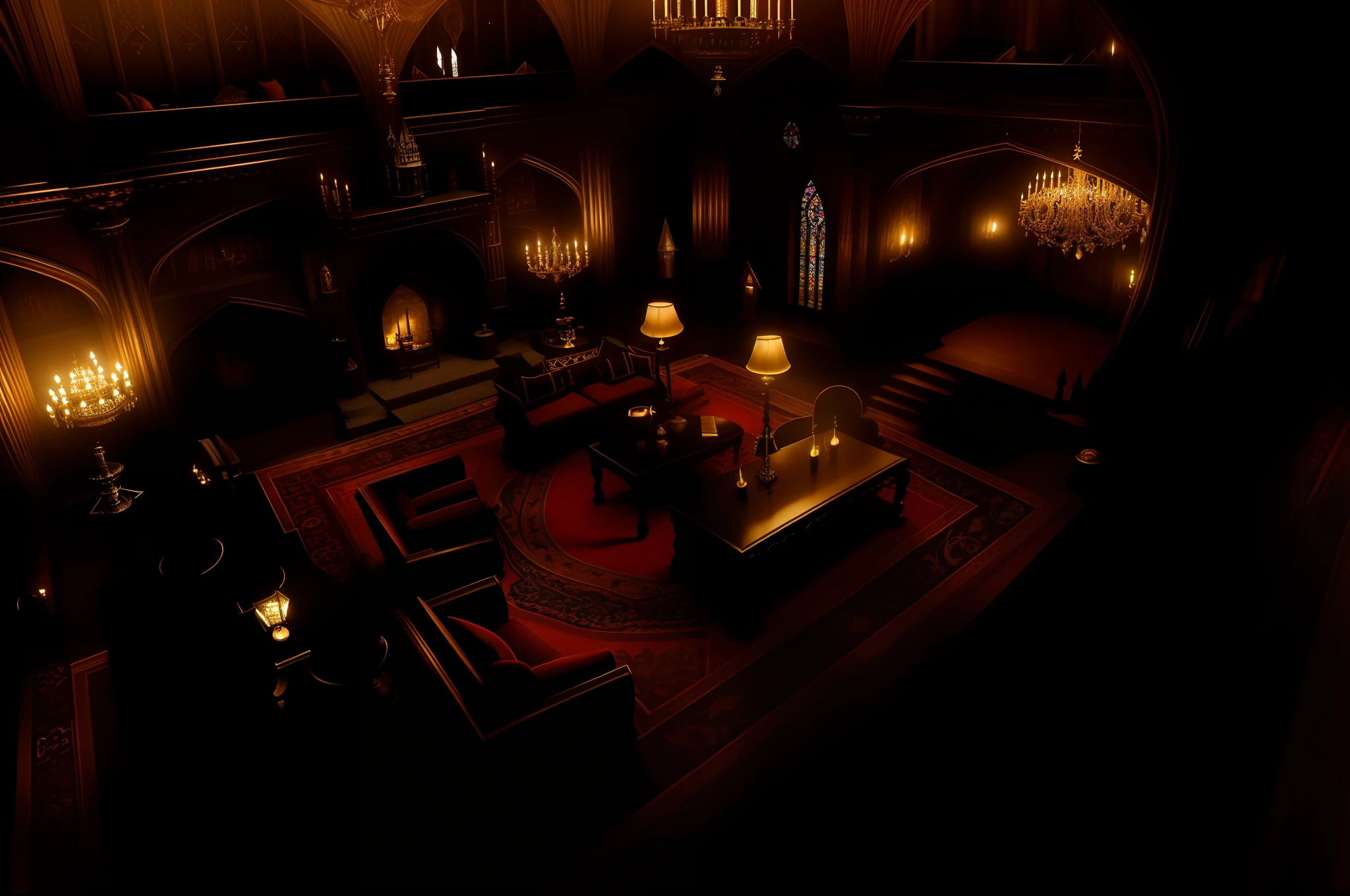 arafed view of a living room with a fireplace and a chandelier, hogwarts gryffindor common room, gothic mansion room, in the gryffindor common room, inside a grand, castle great hall, inside a grand ornate room, intricate castle interior, inside an epic gothic castle, by Richard Randolph Rubenstein, in their noble mansion, dark majestic ornate great hall