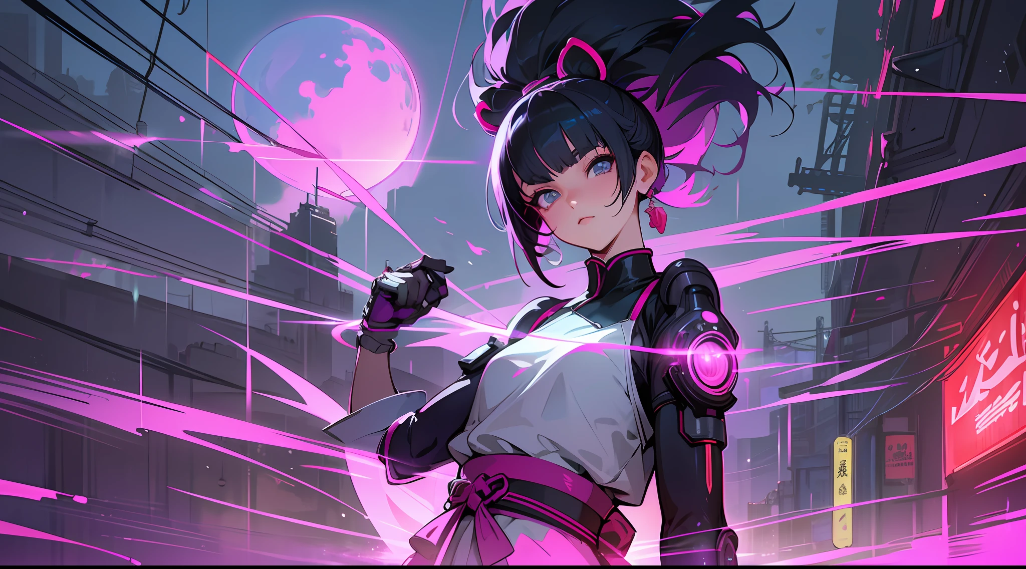 rompts Copy prompts Juri Han from street fighter series, 1girl, solo, girl, close up, futuristic outfit, samurai neon, samurai cyberpunk very cute, samurai cyberpunk, ghost blade style, cyberpunk style, cyberpunk neon style, video game character, synthwave image, cyberpunk, concept art neon glow, moon, flashlight, night, solo, outdoor, sky, full moon, rain, mountain, cloud, paper lantern, night sky, reflection,, {{(masterpiece),(extremely detailed CG unit 8k wallpaper), (side breasts), best quality, solo, cinematic lighting, detailed background, beautiful detailed eyes, bright pupils, (an extremely delicate and beautiful), (beautiful and detailed eye description), ultra-detailed, masterpiece, }}, detailed eyes, beautiful eyes, realistic eyes, beautiful eyes, perfect eyes, rear vision, (anamorphic rays, ramen shop), brightness, depth of field, Juri Han from street fighter series, --auto --s2