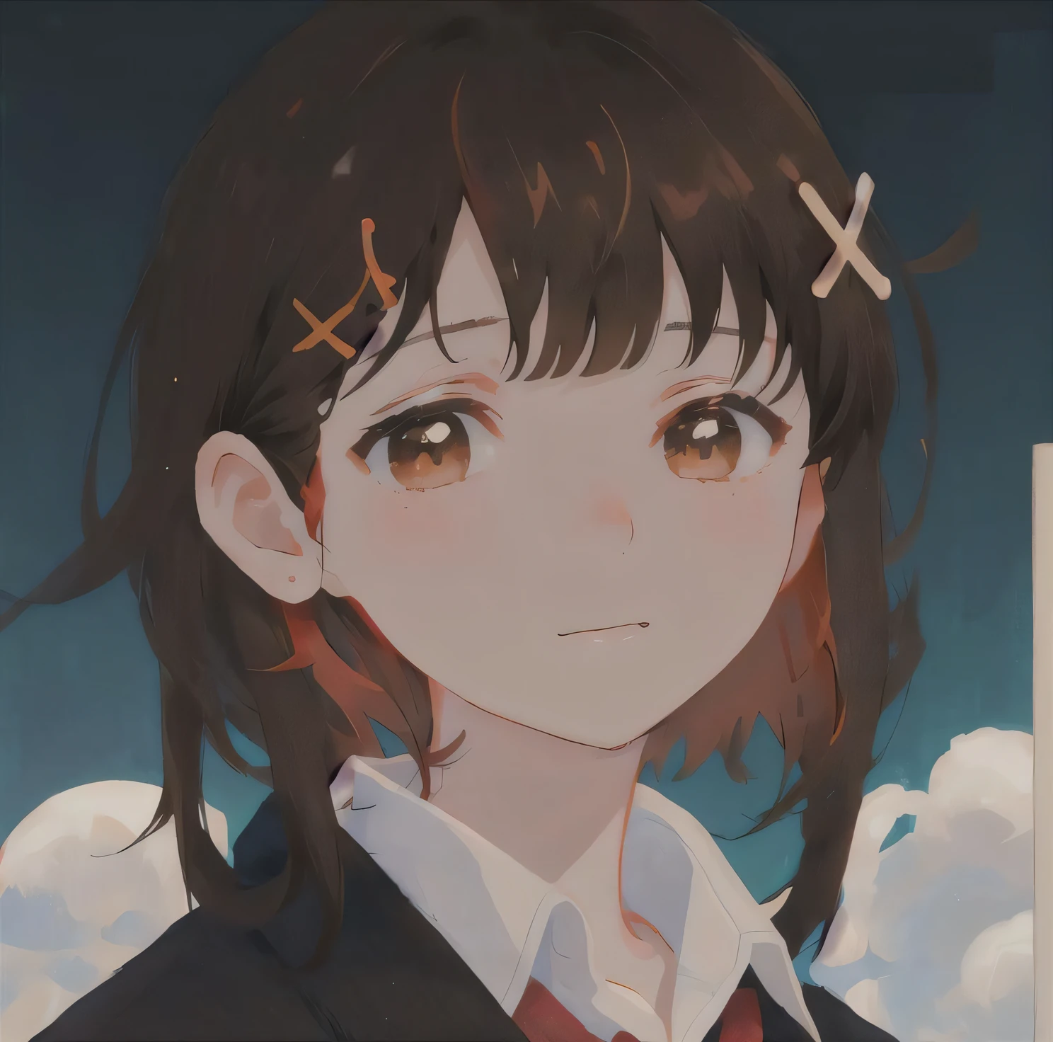 1girl, bangs, brown_eyes, brown_hair, closed_mouth, collared_shirt, hair_ornament, hairclip, iwakura_lain, looking_at_viewer, red_hair, school_uniform, shirt, short_hair, smile, solo, white_shirt, x_hair_ornament