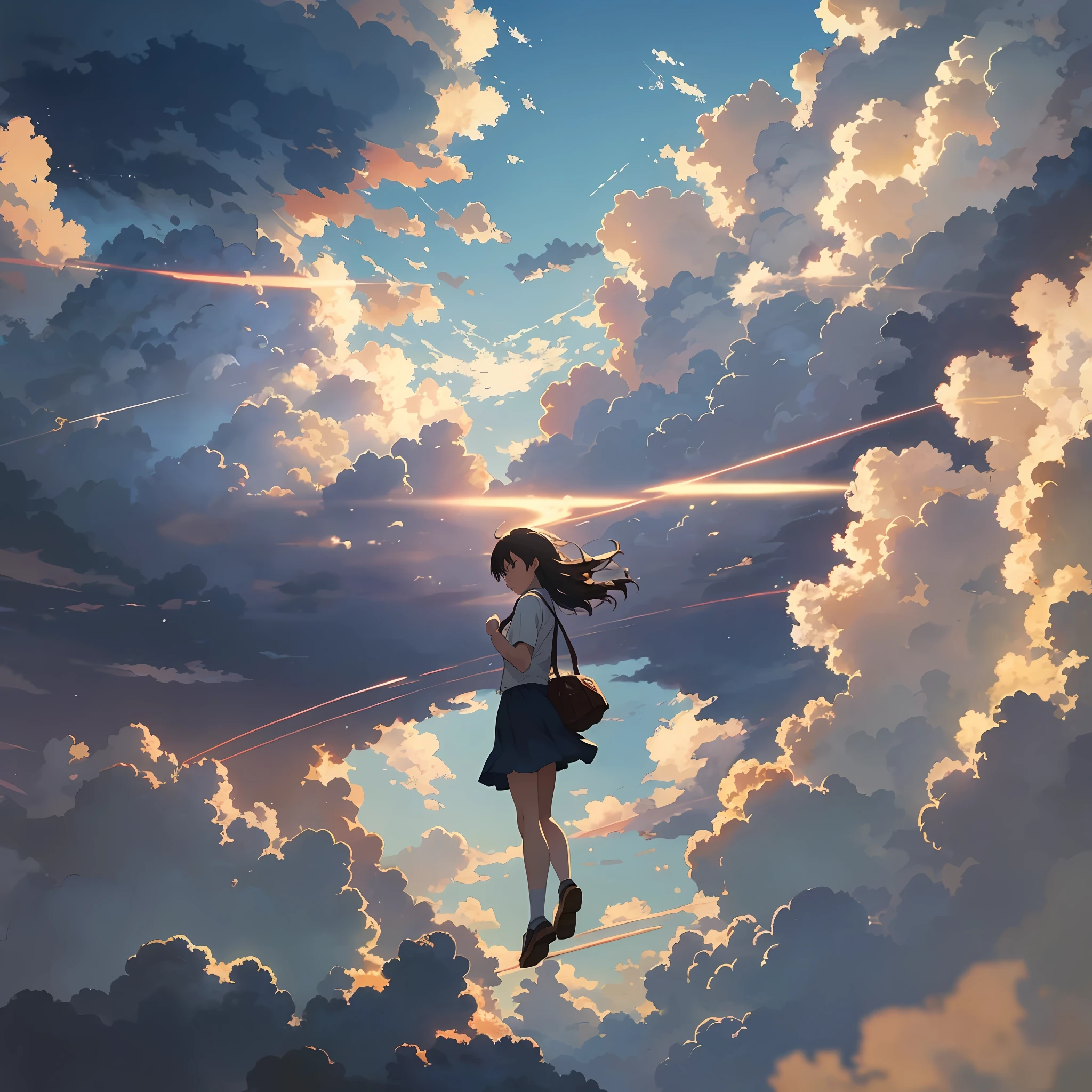 masterpiece, highest image quality, highest quality, super detail, high resolution illustration, official art, clouds, girl falling from above the sky, sky, from afar, wide shot, 1girl in the distance, detailed 1girl, Makoto Shinkai, anime,