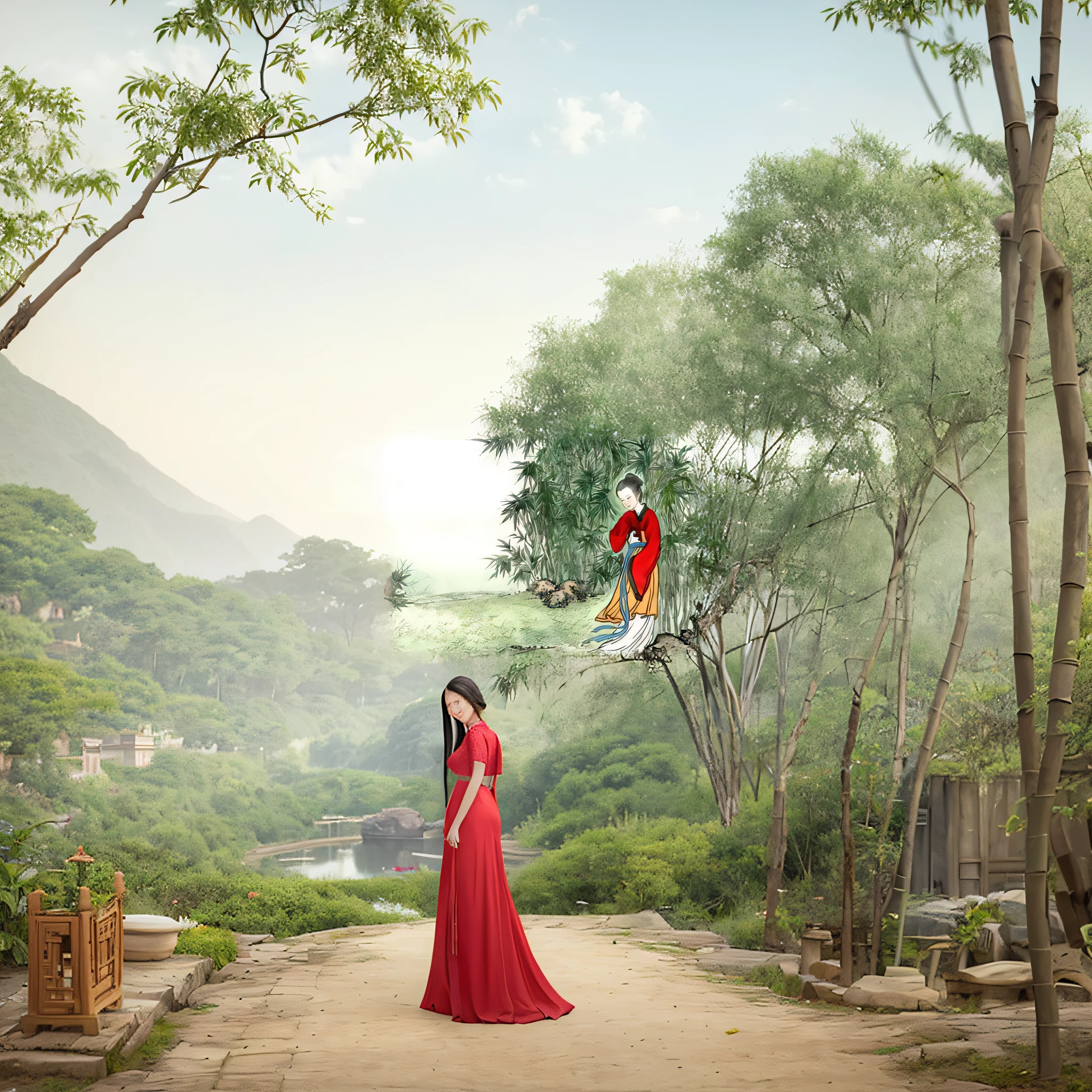 arafed woman in a red dress standing in a field with bamboo trees, ancient chinese princess, traditional chinese art, palace ， a girl in hanfu, ancient chinese beauties, chinese style painting, chinese painting style, ancient garden behind her, traditional chinese, traditional chinese painting, chinese art, inspired by Qian Du, wearing ancient chinese clothes