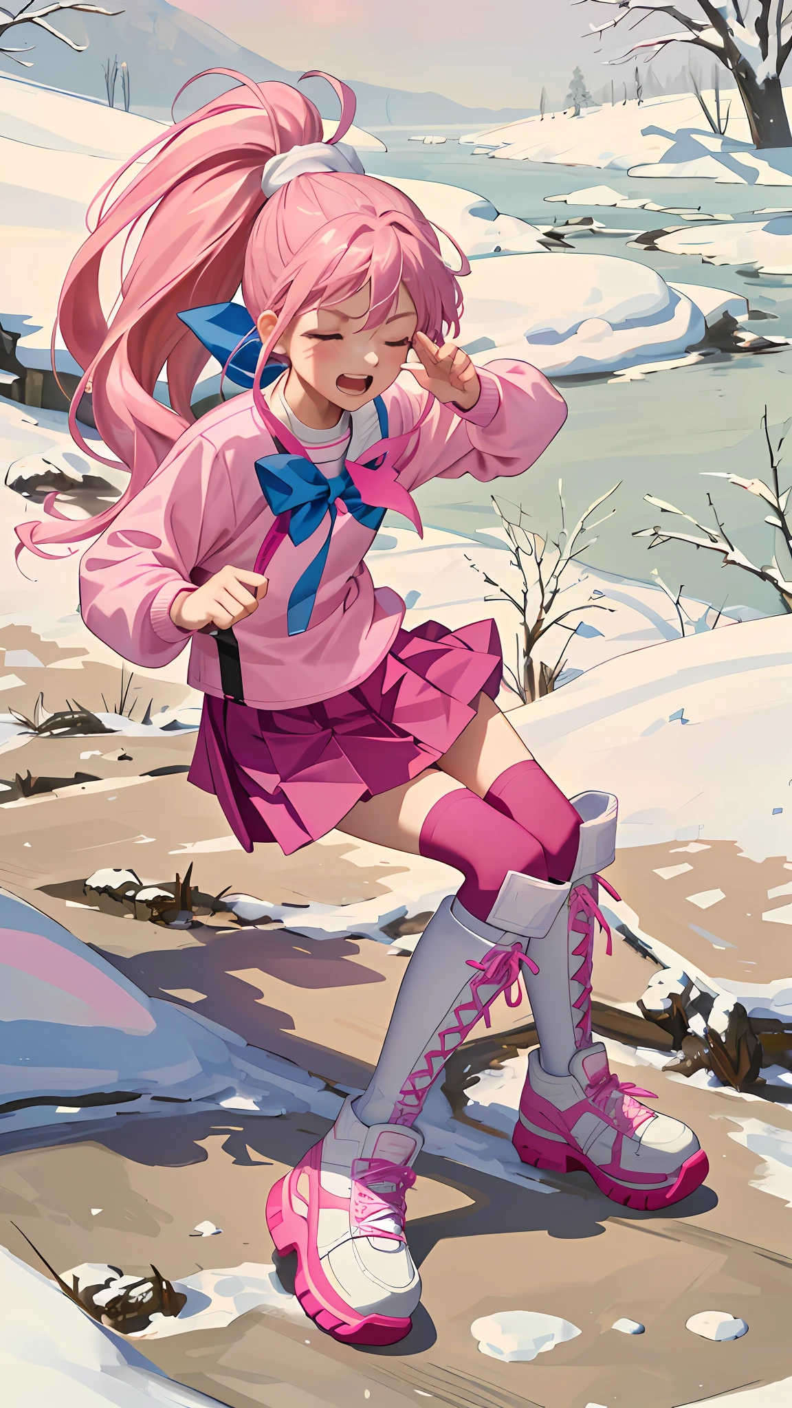 (Masterpiece: 1.5), (Best quality: 1.5), 8k,1 girl, eyes closed, mouth open, screaming, pink hair, single ponytail, white top, pink pleated skirt, pink over-the-knee socks, white boots, (snow: 1.5)