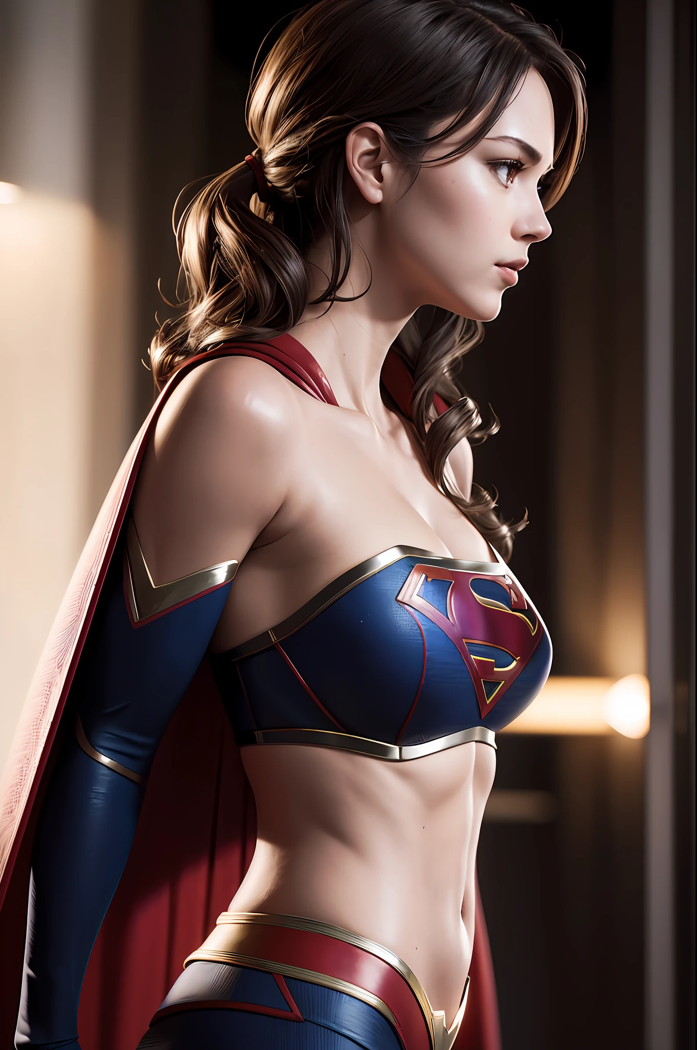 side view ,masterpiece,1girl, a woman, supergirl, cleavage, high detailed skin texture, 8k, Bright lighting, face lighting,  (extremely detailed CG unity 8k wallpaper), trending on ArtStation, trending on CGSociety, High Detail, Sharp focus, dramatic, beautiful background, full shoot, high quality, (beautiful face), (detailed face), beautiful hands