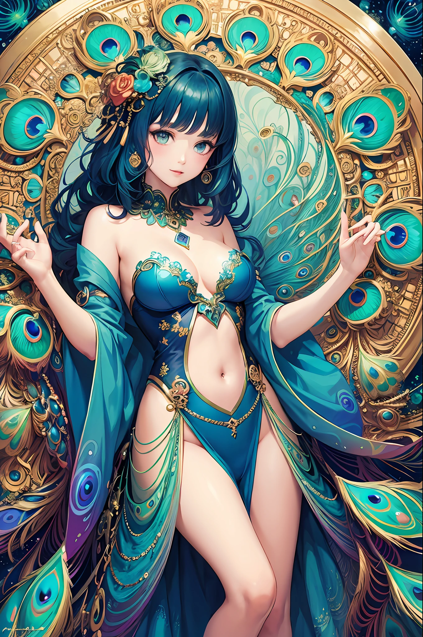 Peacock Girl (Masterpiece, Top Quality, Best Quality, Official Art, Beauty and Aesthetics: 1.2), (1girl: 1.3), Extremely Detailed, (Fractal Art: 1.3), Colorful, Most Detailed