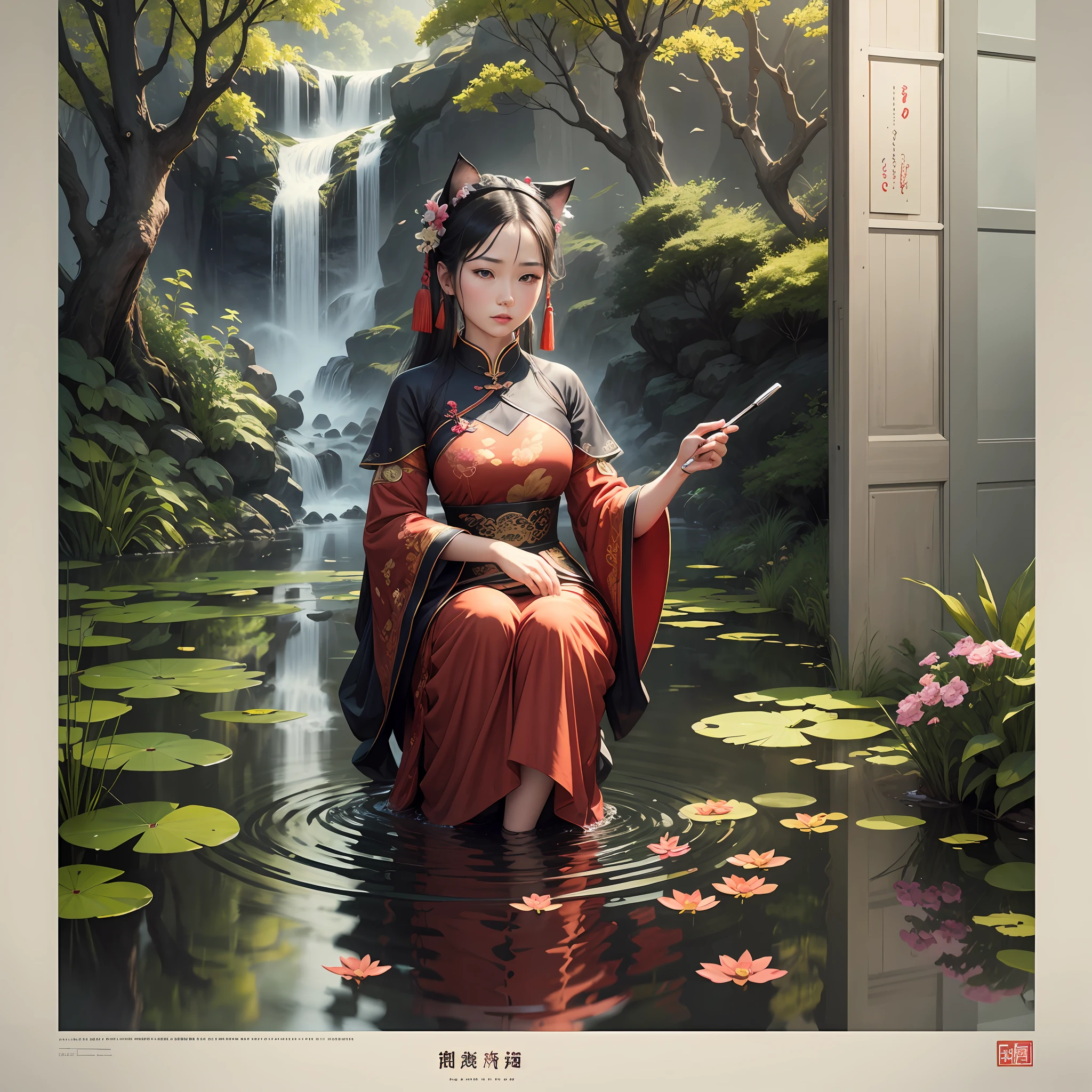 chinese poster with a woman and a cat in a pond, a poster inspired by Guan Daosheng, trending on cg society, conceptual art, 千 葉 雄 大, 王琛, 中 元 节, large view, poster, 中 国 鬼 节, promotional poster --auto --s2