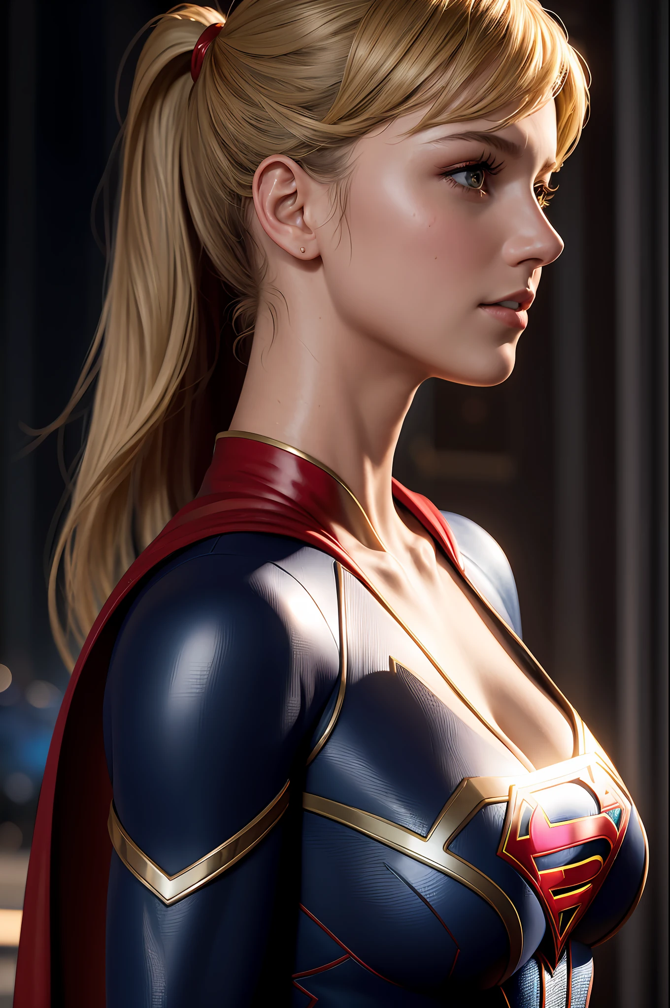 side view ,masterpiece,1girl, a woman, supergirl, cleavage, high detailed skin texture, 8k, Bright lighting, face lighting, (extremely detailed CG unity 8k wallpaper), trending on ArtStation, trending on CGSociety, High Detail, Sharp focus, dramatic, beautiful background, full shoot, high quality, (beautiful face), (detailed face), beautiful hands