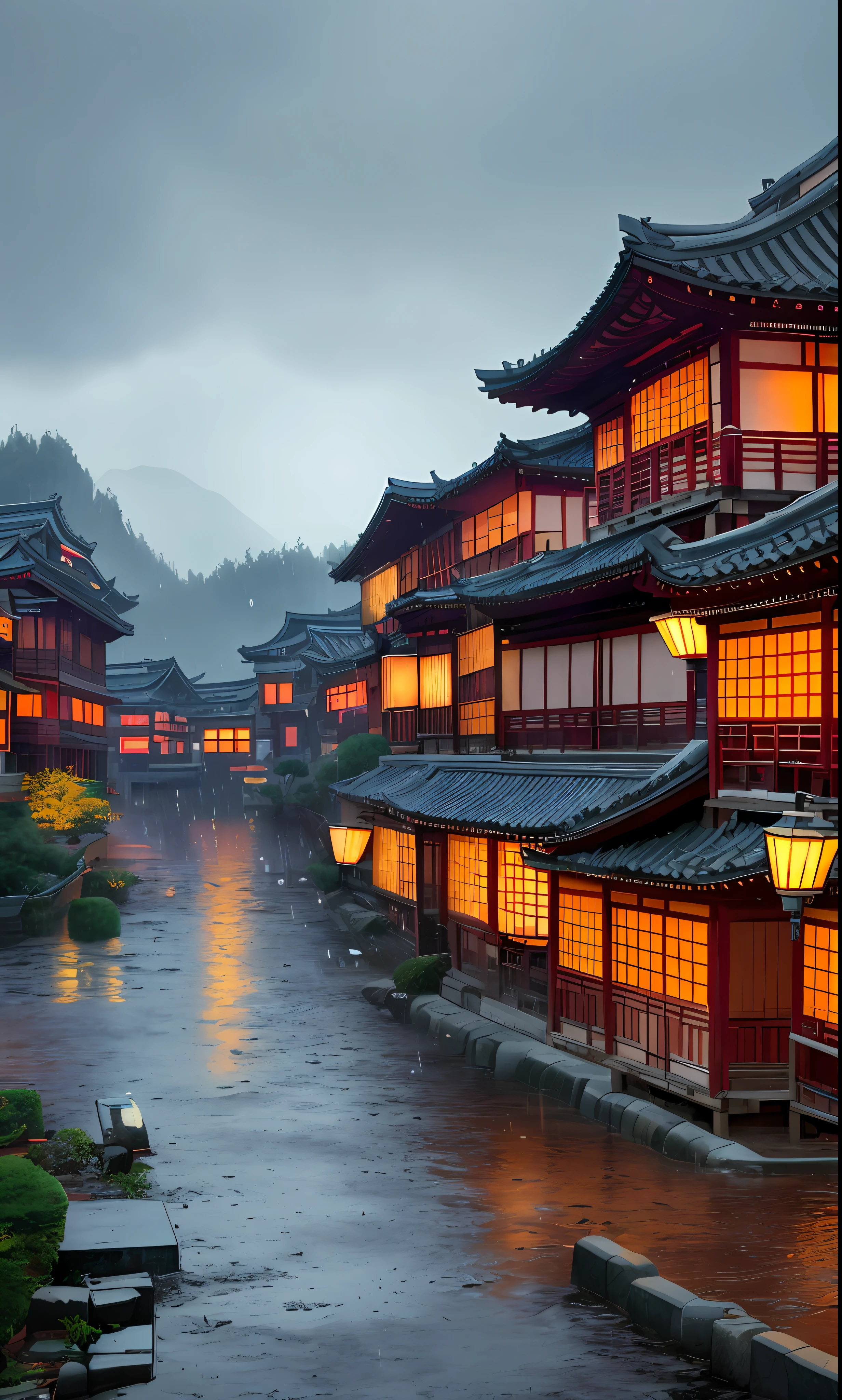 arafed view of a village with a lot of lights on the buildings, dreamy chinese town, chinese village, amazing wallpaper, japanese town, japanese village, hyper realistic photo of a town, old asian village, japanese city, by Raymond Han, rainy evening, cyberpunk chinese ancient castle, beautifully lit buildings, at evening during rain, beautiful and aesthetic, photography, cinematic, 8k, high detailed ((Heavy rain)))