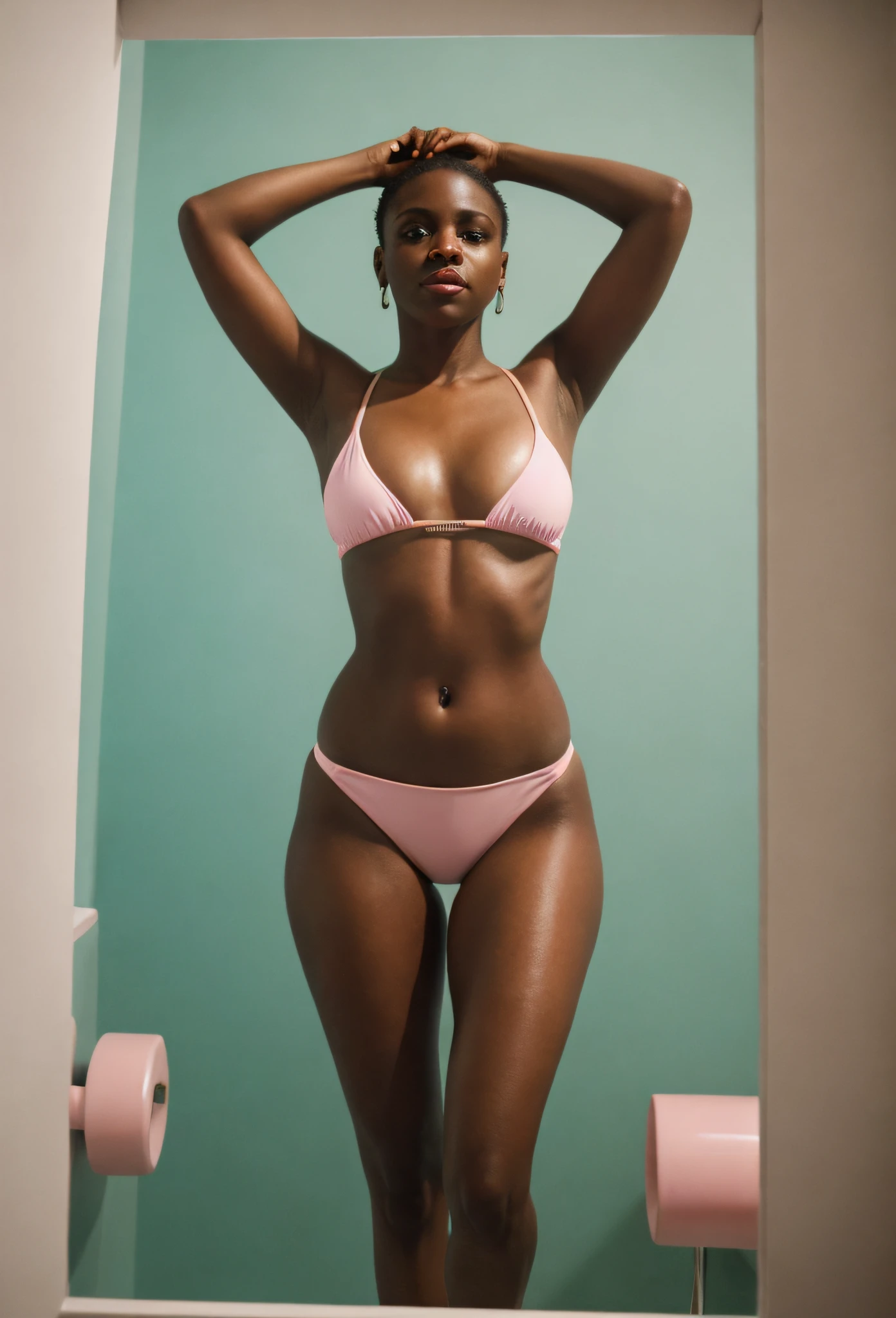 Singer Maraha Carey, bikini woman posing for photo in bathroom, Juan O'Gorman pastel, featured on instagram, fine art, wearing pearl neon bikini, bikini, gorgeous figure, bikini, her belly button is exposed, wearing two-piece swimsuit, beautiful angle, dark skin, is wearing swimsuit, slim waist and thick hips, Social realism, Realism, ray tracing,  reflection light, high quality, high details, super detail, 8k, 16k, best quality