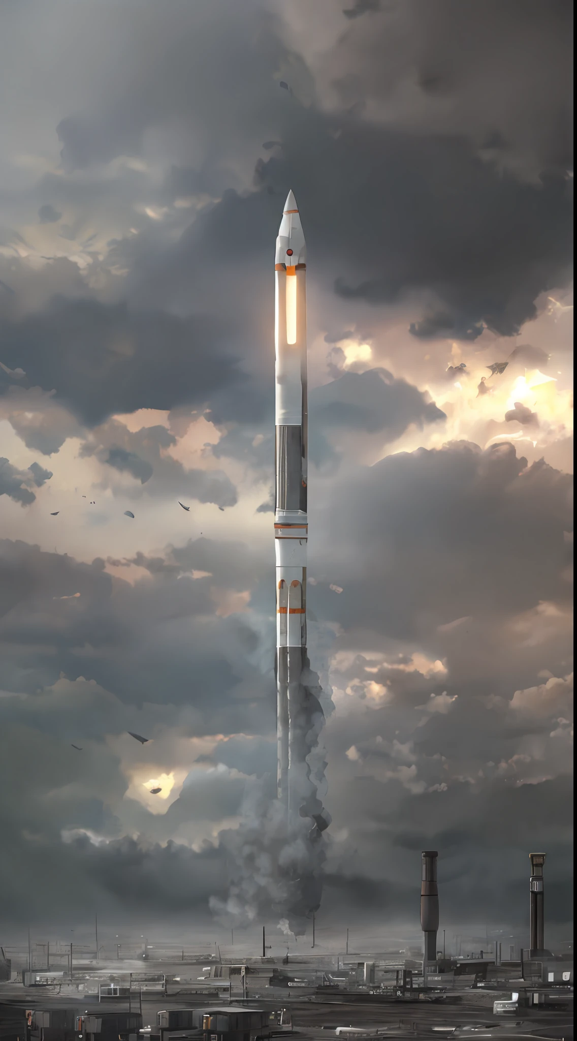 Gloomy, apocalyptic, mysterious, eerie, sky, rocket in the air, a rocket, gray,